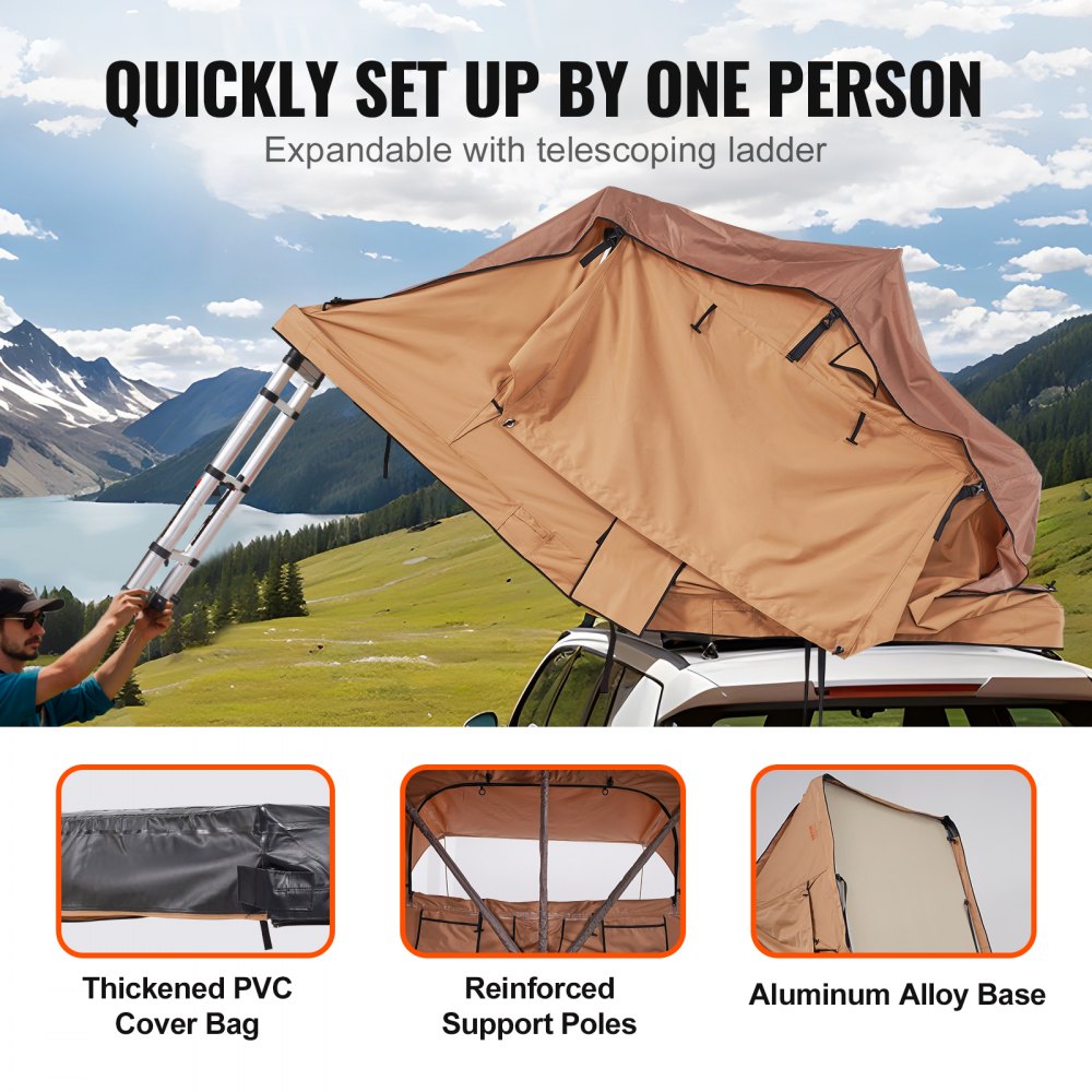 VEVOR Rooftop Tent Hard Shell Car Tent Camping for 2-3 People, Foldable Hard Shell Rooftop Tent with Adjustable Telescopic Ladder and Mattress, Waterproof and UV Protection for Jeep SUV Van Pickup
