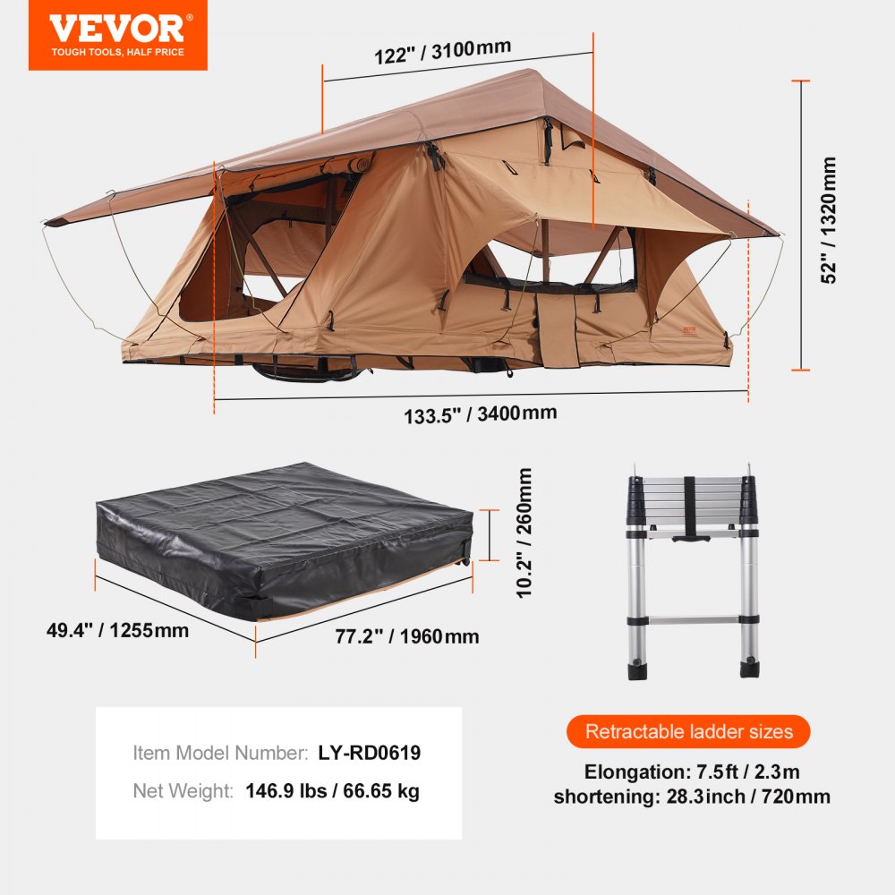 VEVOR Rooftop Tent Hard Shell Car Tent Camping for 2-3 People, Foldable Hard Shell Rooftop Tent with Adjustable Telescopic Ladder and Mattress, Waterproof and UV Protection for Jeep SUV Van Pickup