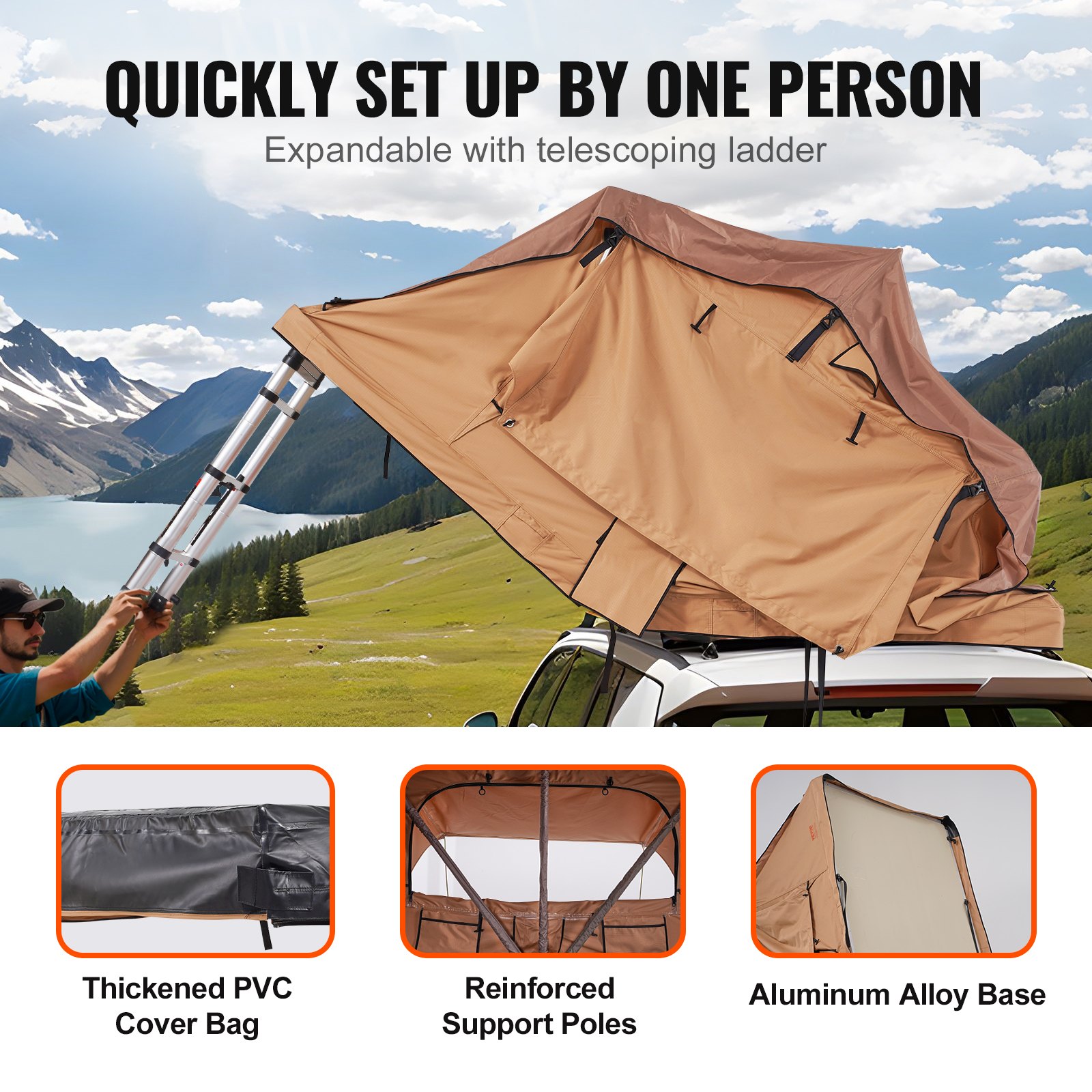 VEVOR Rooftop Tent Hard Shell Car Tent Camping for 2-3 People, Foldable Hard Shell Rooftop Tent with Adjustable Telescopic Ladder and Mattress, Waterproof and UV Protection for Jeep SUV Van Pickup