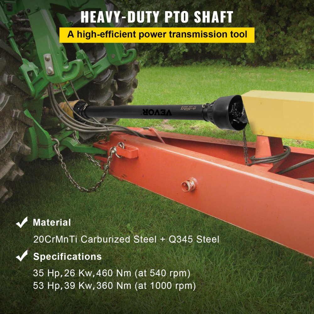 Wał napędowy VEVOR PTO T4, wał napędowy, szeroka końcówka 6-rowkowa o średnicy 34,9 mm do ciągnika, rozsuwana od 1100 do 1550 mm, idealny do kosiarek do trawy, podkaszarek, glebogryzarek, rozsiewaczy nawozów