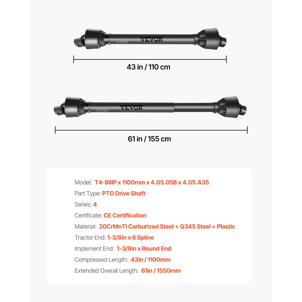 Wał napędowy VEVOR PTO T4, wał napędowy, szeroka końcówka 6-rowkowa o średnicy 34,9 mm do ciągnika, rozsuwana od 1100 do 1550 mm, idealny do kosiarek do trawy, podkaszarek, glebogryzarek, rozsiewaczy nawozów