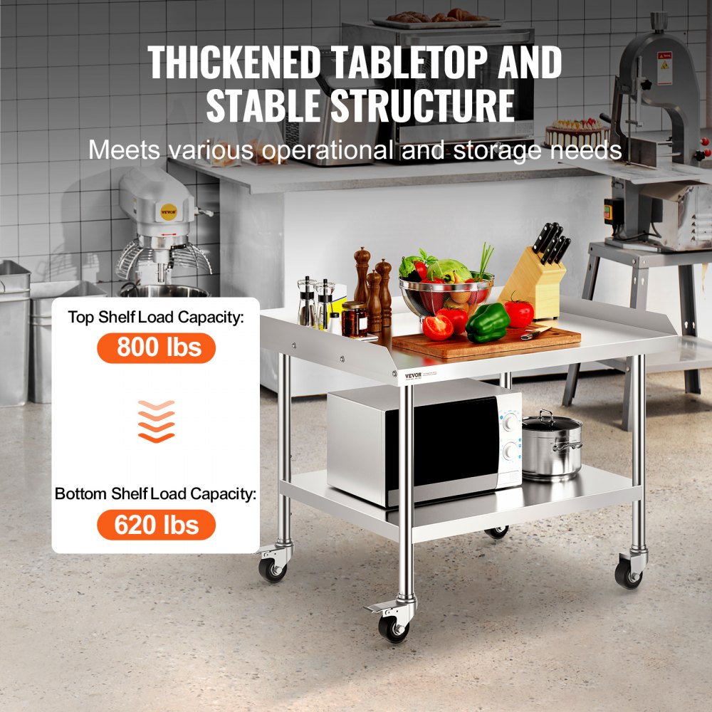 VEVOR stainless steel work table, commercial work table for food preparation with 4 wheels, swivel casters, 3-sided splash guard, 762 x 914 x 762 mm, work table for restaurants, hotels