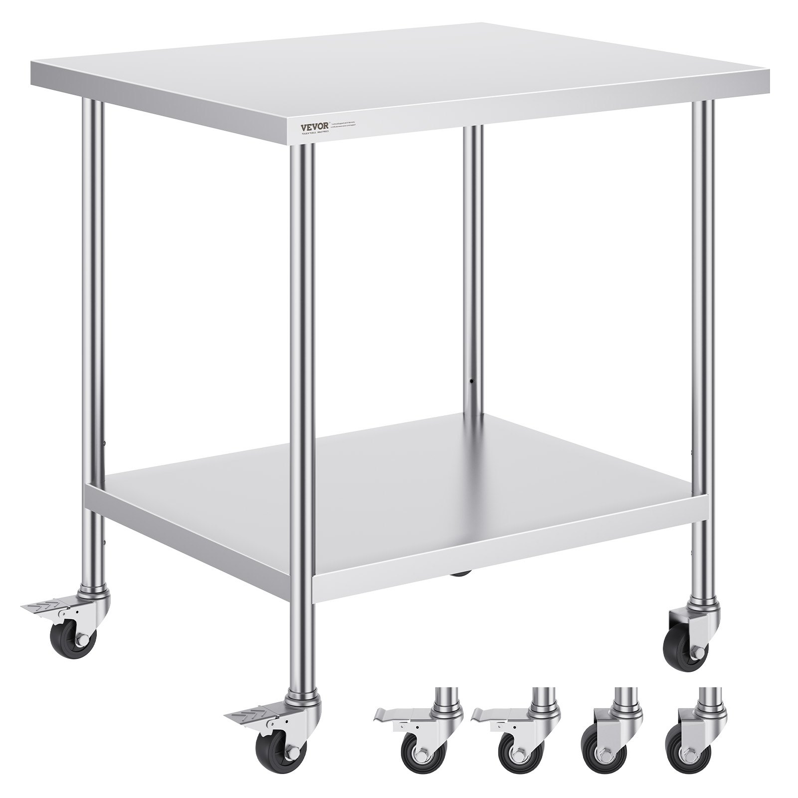 VEVOR Stół roboczy ze stali nierdzewnej, stół kuchenny 762 x 914 x 954,6 mm, stół przygotowawczy, z 4 kółkami, 3 poziomami regulacji wysokości, stół roboczy do przygotowywania żywności dla restauracji komercyjnych