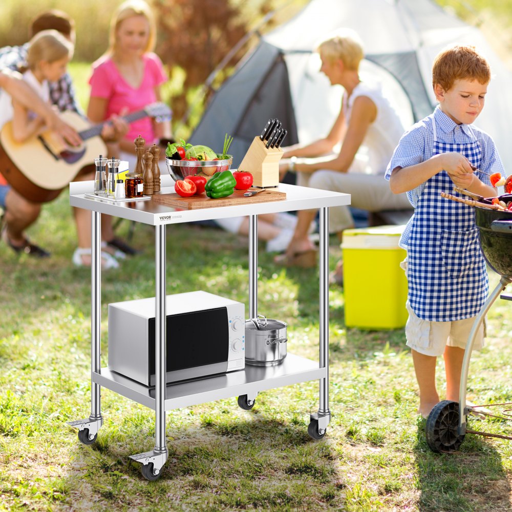 VEVOR Stół roboczy ze stali nierdzewnej, komercyjny stół roboczy do przygotowywania żywności z kółkami, stół roboczy do przygotowywania potraw, metalowy stół roboczy z regulowaną wysokością do restauracji 610 x 914 x 1005,6 m