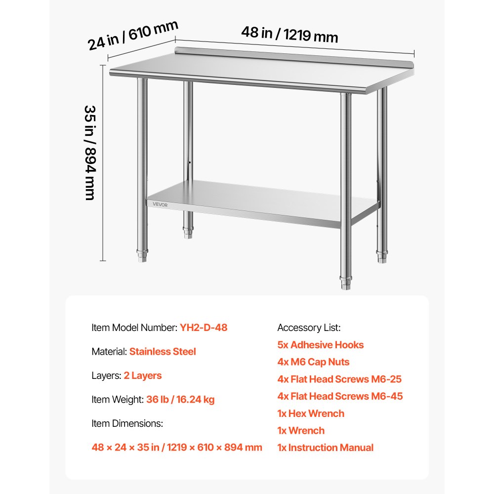Stół roboczy VEVOR Gasto 1219 x 610 x 894 mm, wykonany ze stali nierdzewnej, z 2 poziomami, podwyższoną krawędzią i półkami o regulowanej wysokości. Górna półka (245 kg), dolna półka (204 kg). Stół do przygotowywania posiłków dla restauracji.