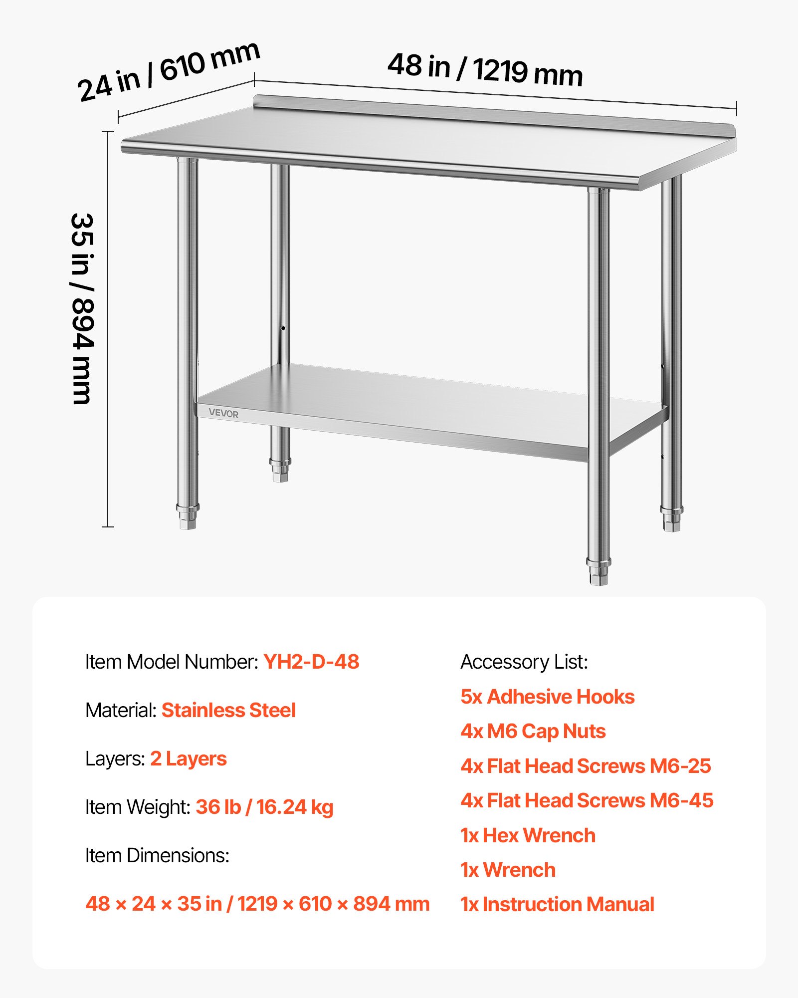 Stół roboczy VEVOR Gasto 1219 x 610 x 894 mm, wykonany ze stali nierdzewnej, z 2 poziomami, podwyższoną krawędzią i półkami o regulowanej wysokości. Górna półka (245 kg), dolna półka (204 kg). Stół do przygotowywania posiłków dla restauracji.