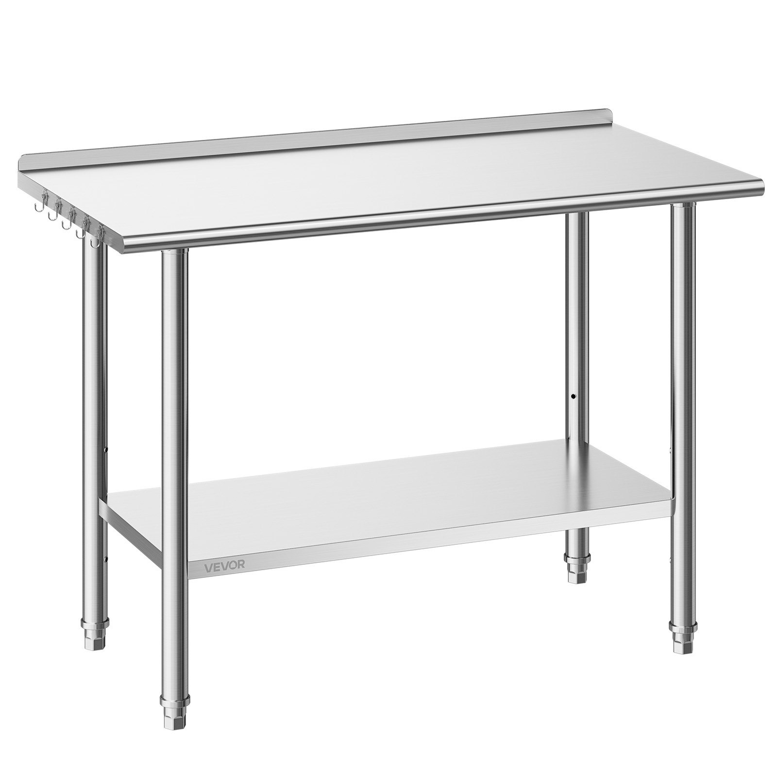 Stół roboczy VEVOR Gasto 1219 x 610 x 894 mm, wykonany ze stali nierdzewnej, z 2 poziomami, podwyższoną krawędzią i półkami o regulowanej wysokości. Górna półka (245 kg), dolna półka (204 kg). Stół do przygotowywania posiłków dla restauracji.