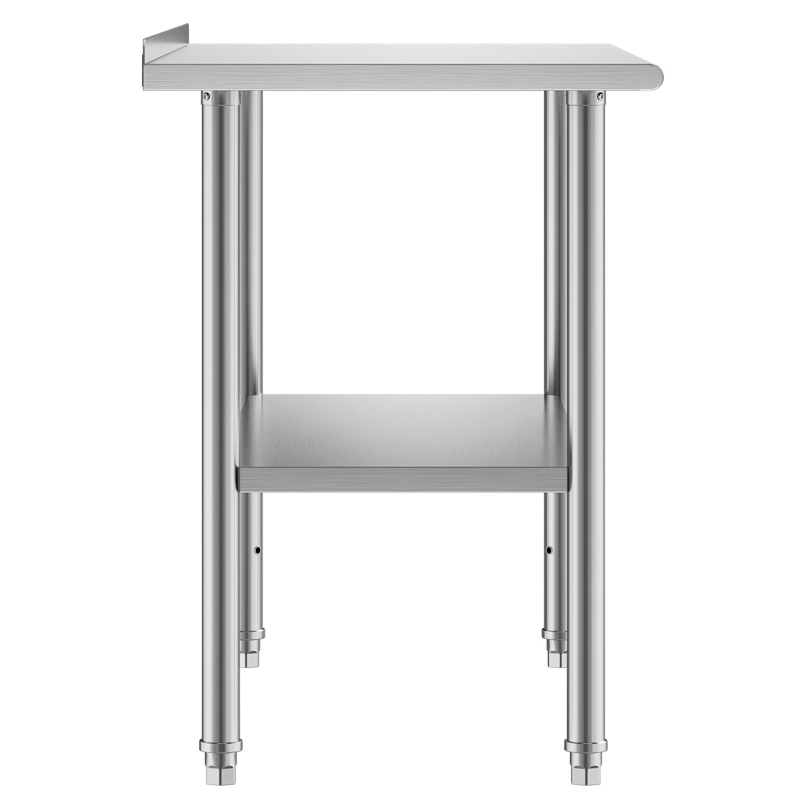 Stół roboczy VEVOR Gasto 1219 x 610 x 894 mm, wykonany ze stali nierdzewnej, z 2 poziomami, podwyższoną krawędzią i półkami o regulowanej wysokości. Górna półka (245 kg), dolna półka (204 kg). Stół do przygotowywania posiłków dla restauracji.