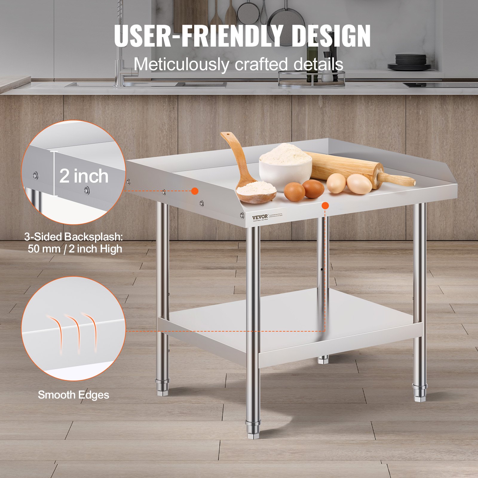 VEVOR Stół roboczy ze stali nierdzewnej, komercyjny stół roboczy do przygotowywania żywności, 610 x 711 x 660 mm, 3-stronna osłona przeciwbryzgowa, wytrzymały stół roboczy z regulowaną wysokością