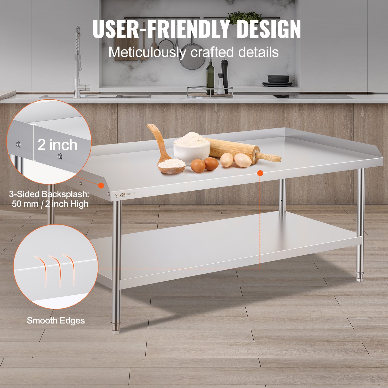 VEVOR Stół roboczy ze stali nierdzewnej, stół roboczy do przygotowywania żywności w obiektach komercyjnych, trójstronny panel ochronny, stół roboczy do restauracji, domu, hoteli, 762 x 1524 x 660 mm