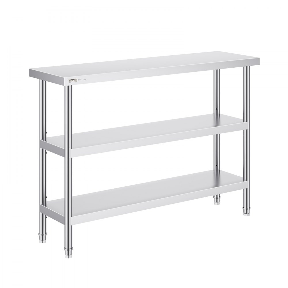 VEVOR Stół do przygotowywania żywności ze stali nierdzewnej, 356 x 1219 x 864 mm Stół roboczy do kuchni komercyjnej, z 2 regulowanymi dolnymi półkami, stół do przygotowywania potraw na grillu, do kuchni, domu i garażu