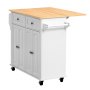 VEVOR Kitchen Island Cart with Storage, 1107 mm Wide Mobile Rolling Storage Island on Swivel Wheels, with 2 Drawers, Storage Cabinet, Drop Leaf, Spice/Towel Rack, Table for Home Dining Room, White