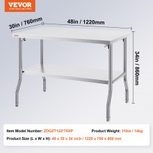 Komercyjny stół roboczy VEVOR, składany stół do zastosowań komercyjnych o wymiarach 48 x 30 cali, składany stół ze stali nierdzewnej z podwójną półką, kuchenny stół roboczy o nośności 772 funtów, srebrna wyspa kuchenna