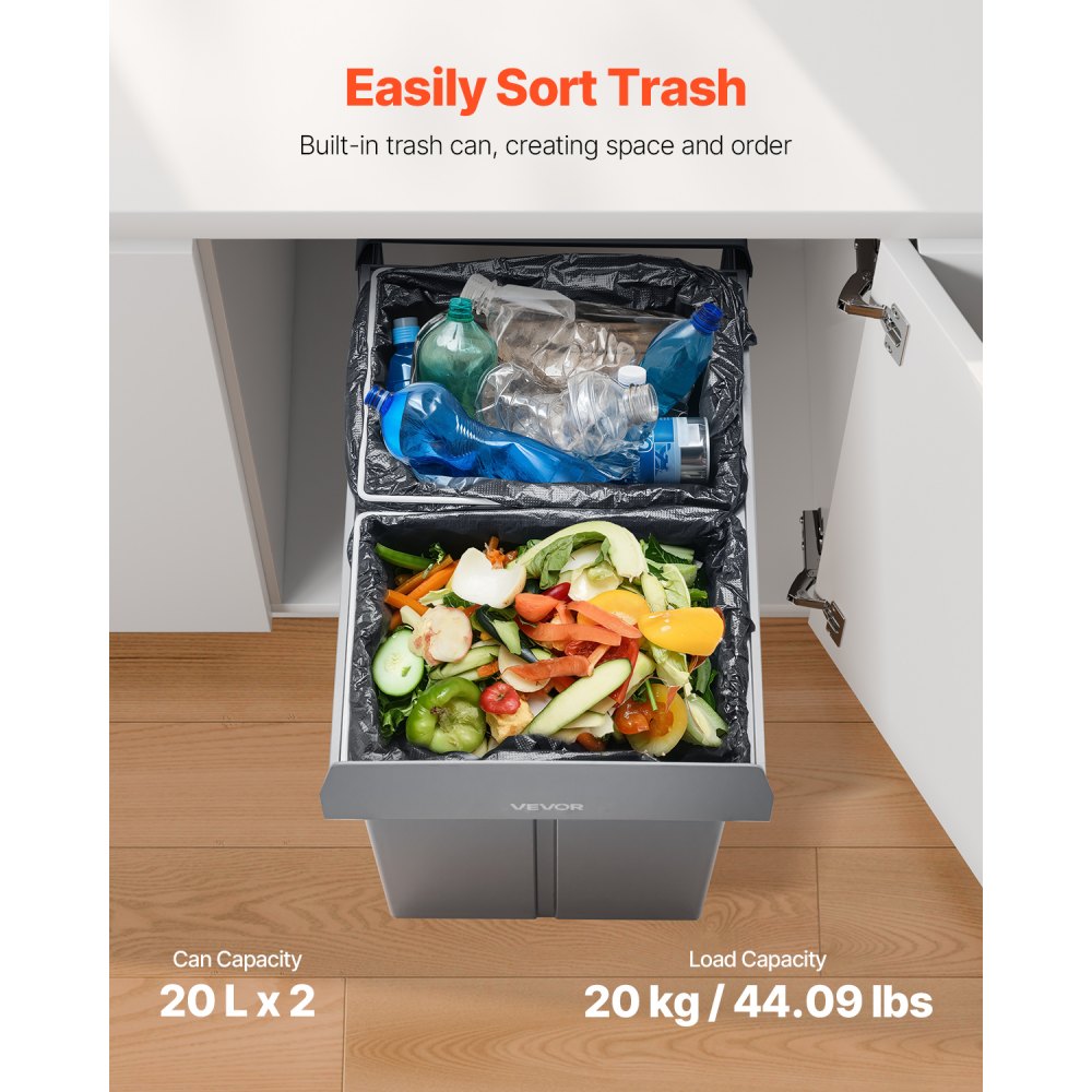VEVOR Extendable Waste Bin for Kitchen Cabinets (20 L x 2) Double Under-Sink Waste Bin, Undermounted Bin, with Robust Full Extension Metal Sliding System and Handle