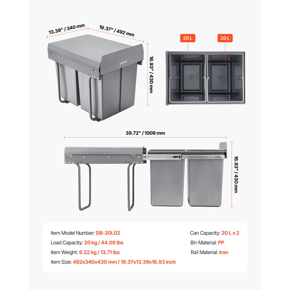 VEVOR Extendable Waste Bin for Kitchen Cabinets (20 L x 2) Double Under-Sink Waste Bin, Undermounted Bin, with Robust Full Extension Metal Sliding System and Handle