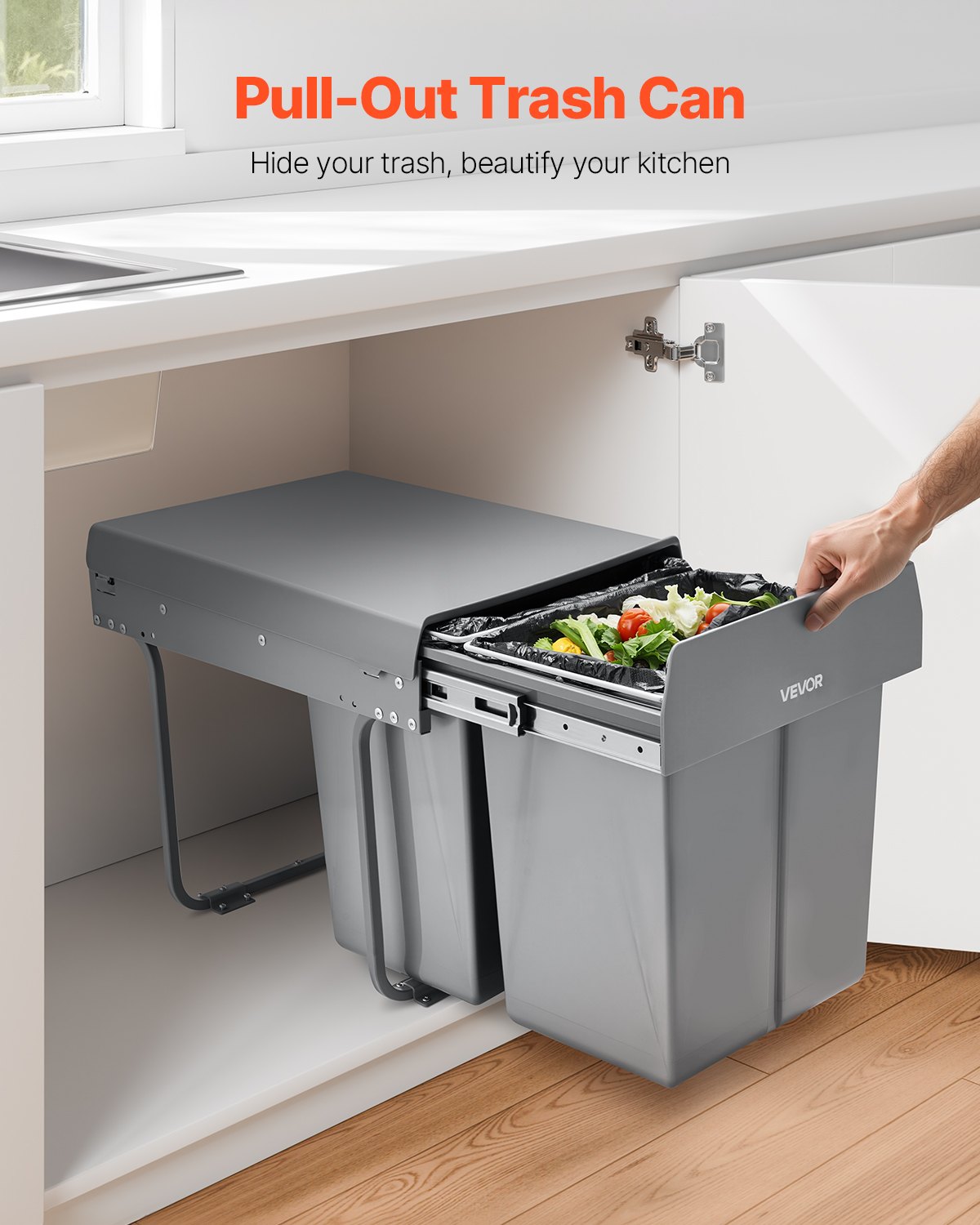 VEVOR Extendable Waste Bin for Kitchen Cabinets (20 L x 2) Double Under-Sink Waste Bin, Undermounted Bin, with Robust Full Extension Metal Sliding System and Handle
