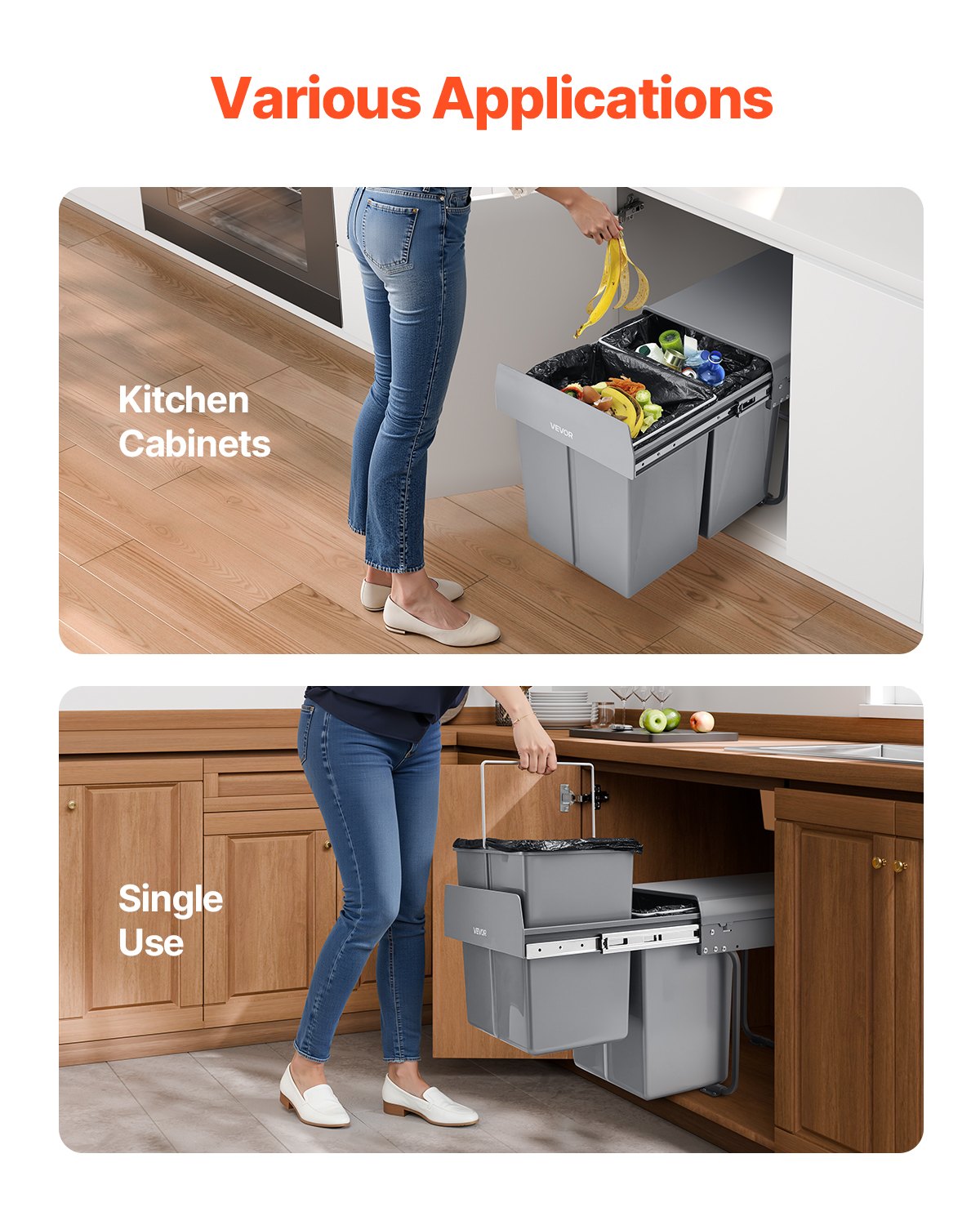 VEVOR Extendable Waste Bin for Kitchen Cabinets (20 L x 2) Double Under-Sink Waste Bin, Undermounted Bin, with Robust Full Extension Metal Sliding System and Handle
