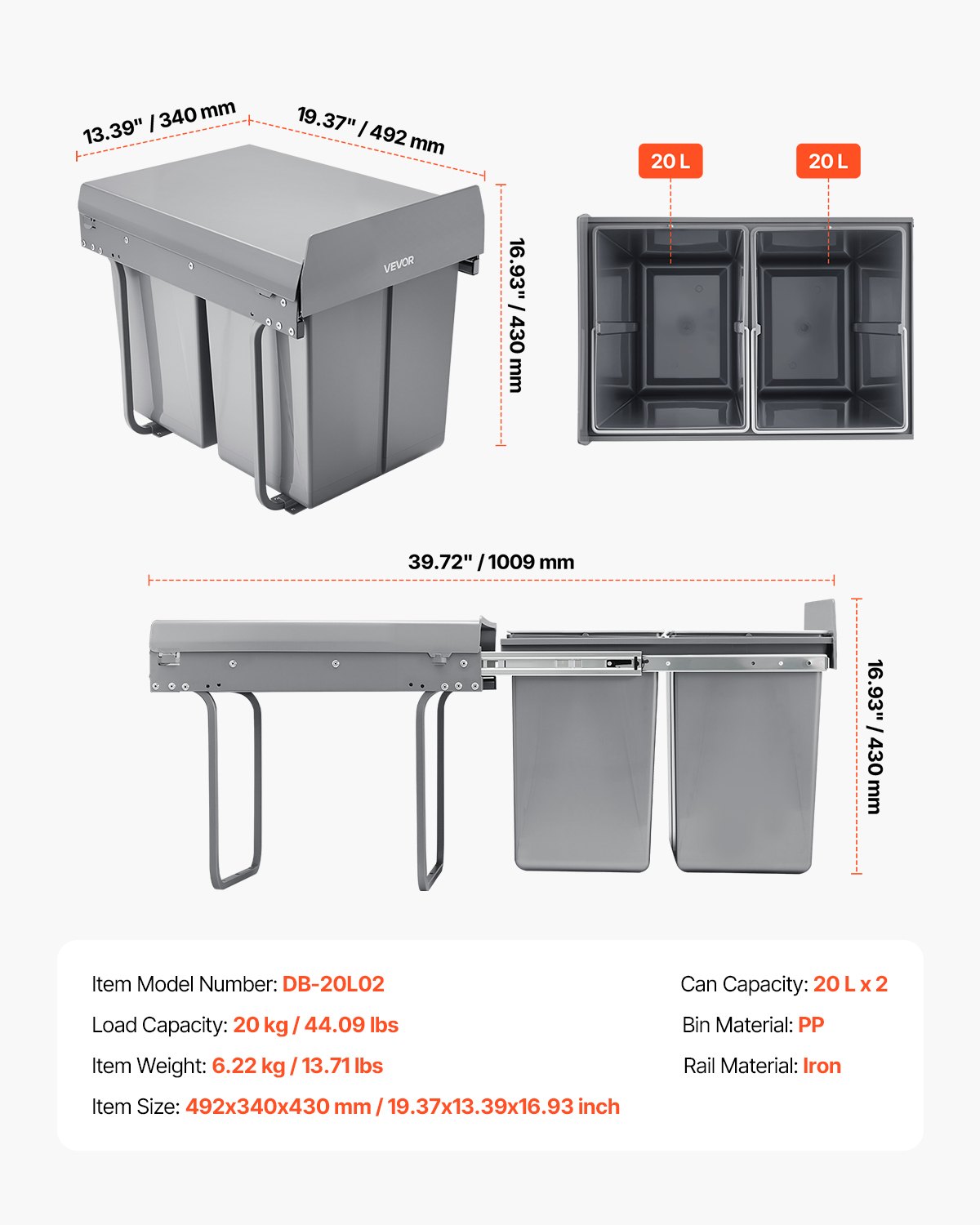 VEVOR Extendable Waste Bin for Kitchen Cabinets (20 L x 2) Double Under-Sink Waste Bin, Undermounted Bin, with Robust Full Extension Metal Sliding System and Handle