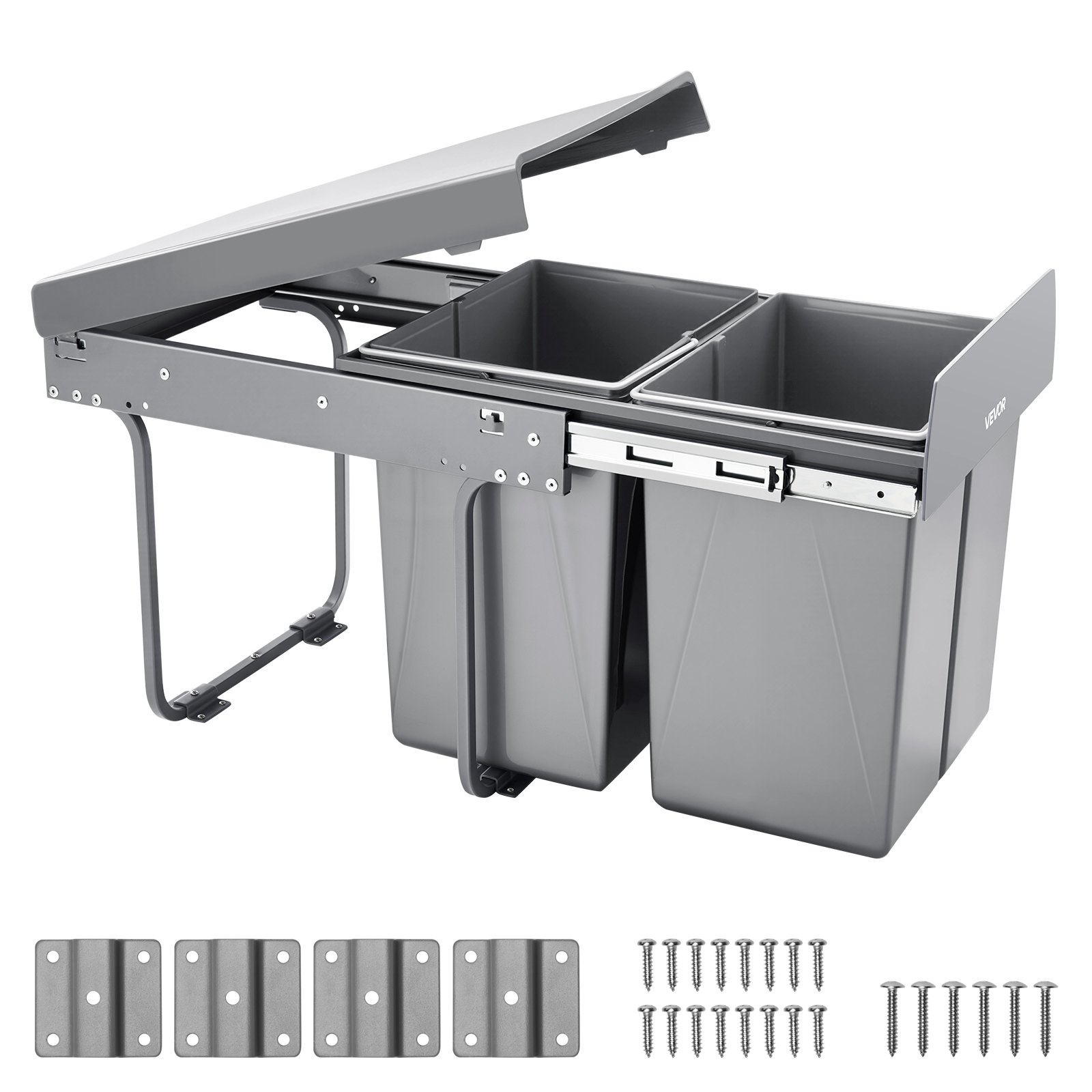 VEVOR Extendable Waste Bin for Kitchen Cabinets (20 L x 2) Double Under-Sink Waste Bin, Undermounted Bin, with Robust Full Extension Metal Sliding System and Handle