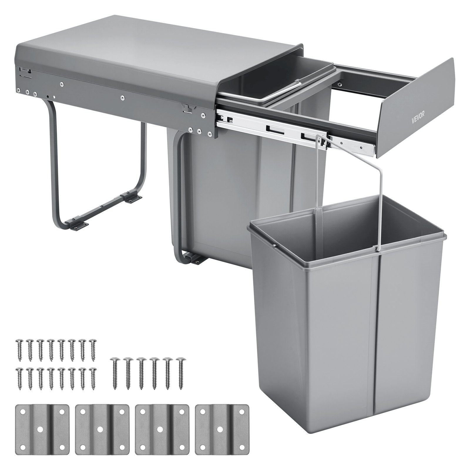 VEVOR Extendable Waste Bin for Kitchen Cabinets (20 L x 2) Double Under-Sink Waste Bin, Undermounted Bin, with Robust Full Extension Metal Sliding System and Handle
