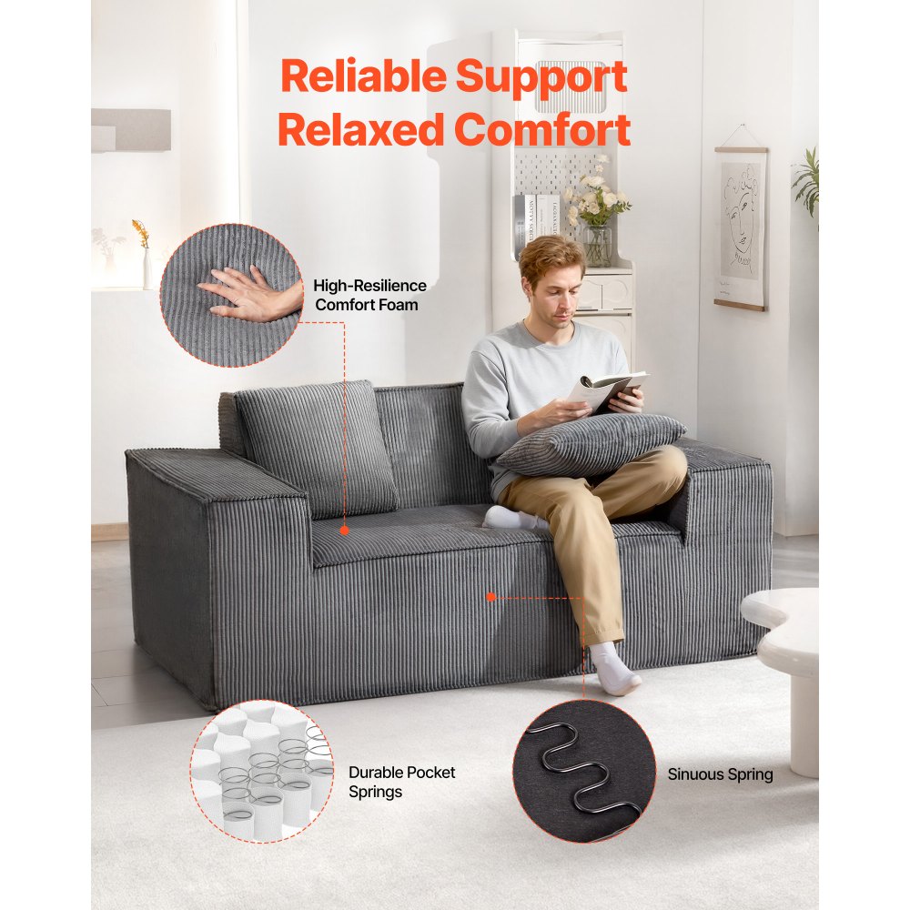 VEVOR Sofa dwuosobowa z dwoma siedziskami (szerokość 160 cm), nowoczesna mała sofa z kordu ze sprężynami kieszeniowymi i miękką poduszką do sypialni i biura, nie wymaga montażu, kolor szary
