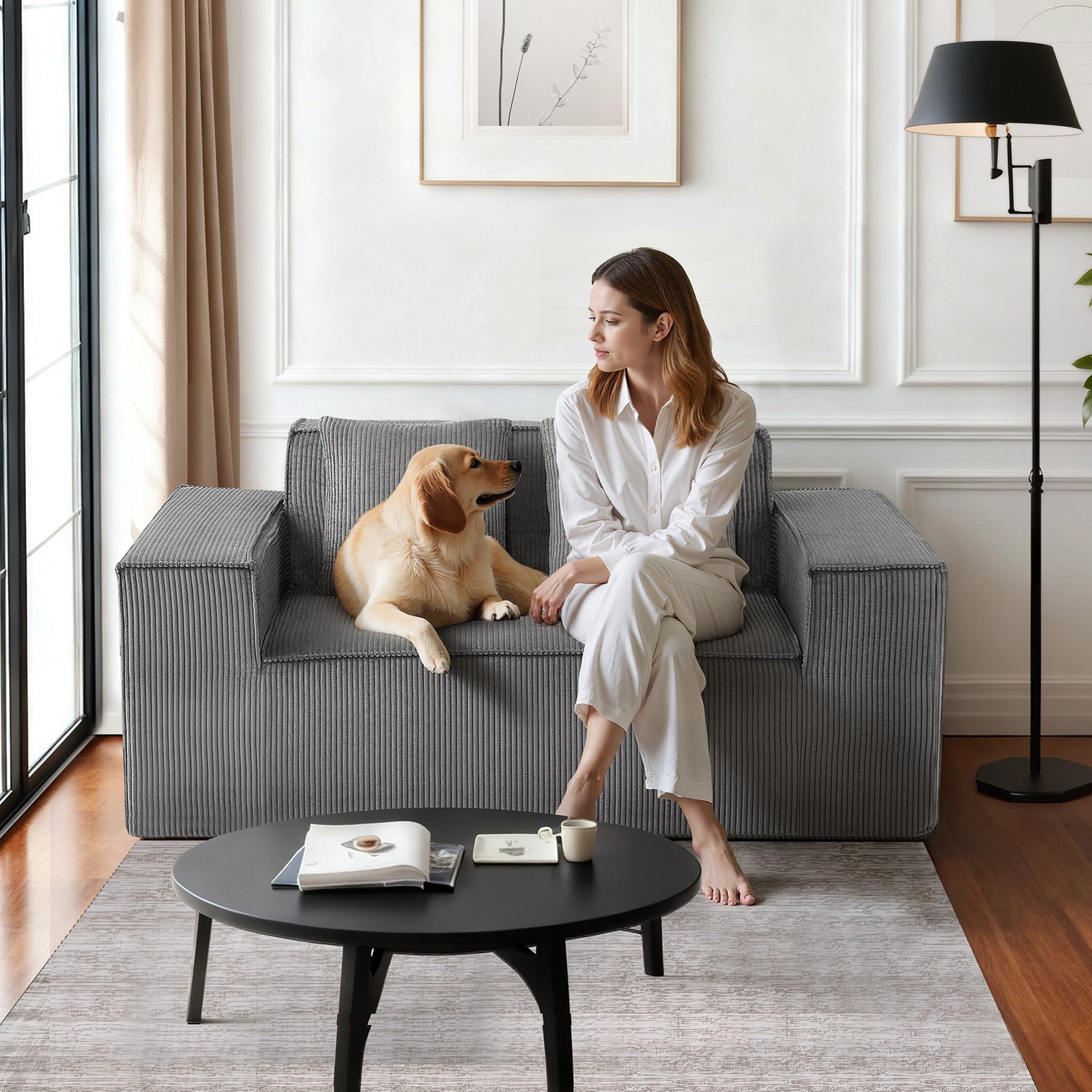 VEVOR Sofa dwuosobowa z dwoma siedziskami (szerokość 160 cm), nowoczesna mała sofa z kordu ze sprężynami kieszeniowymi i miękką poduszką do sypialni i biura, nie wymaga montażu, kolor szary