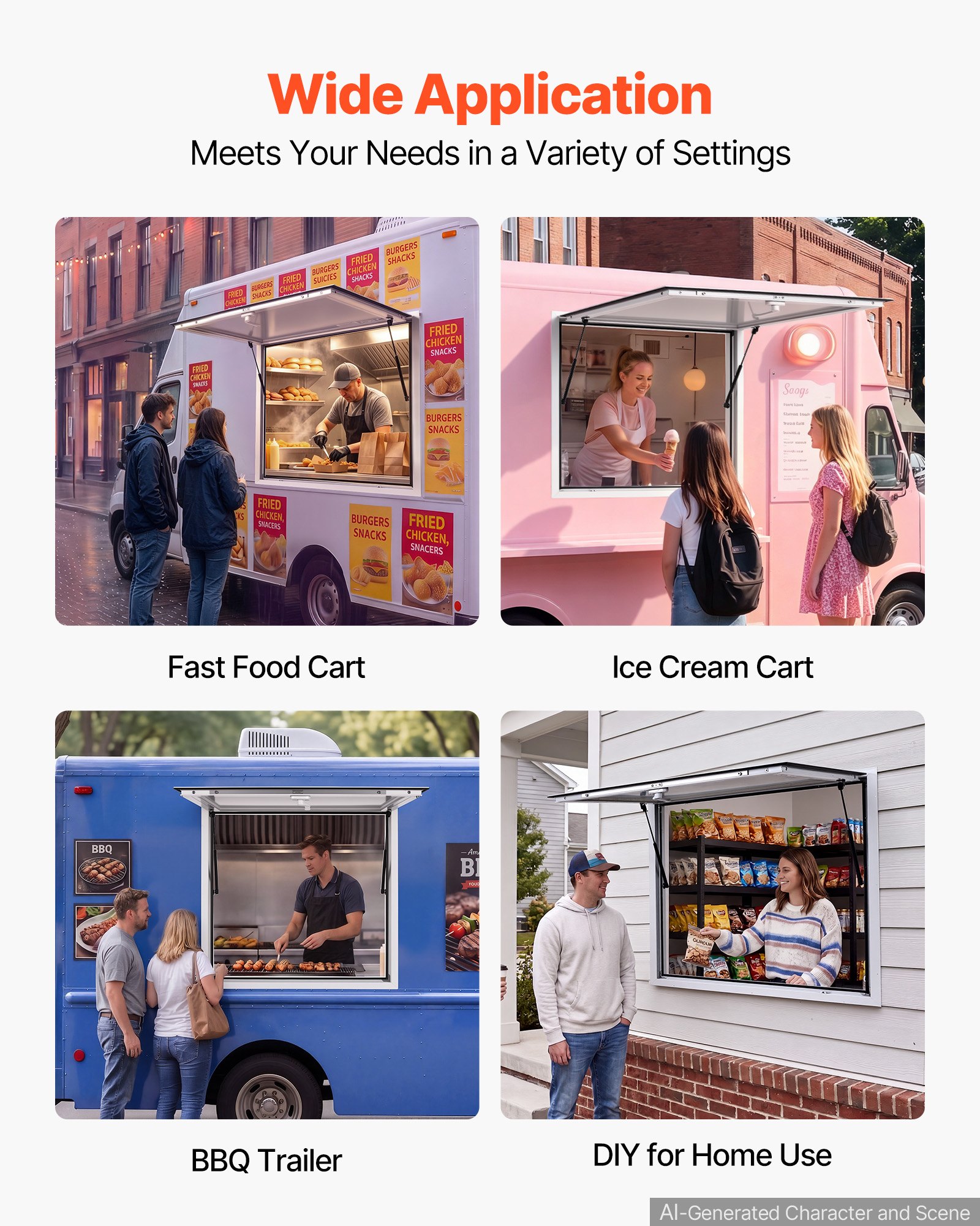 Okno sprzedażowe VEVOR do food trucków 915 x 915 mm Okno do punktów gastronomicznych Idealne do sprzedaży ulicznej, na wynos i w okienkach drive-through, otwierane do 85°, z podwójnymi paskami uszczelniającymi i wewnętrznym mechanizmem blokującym