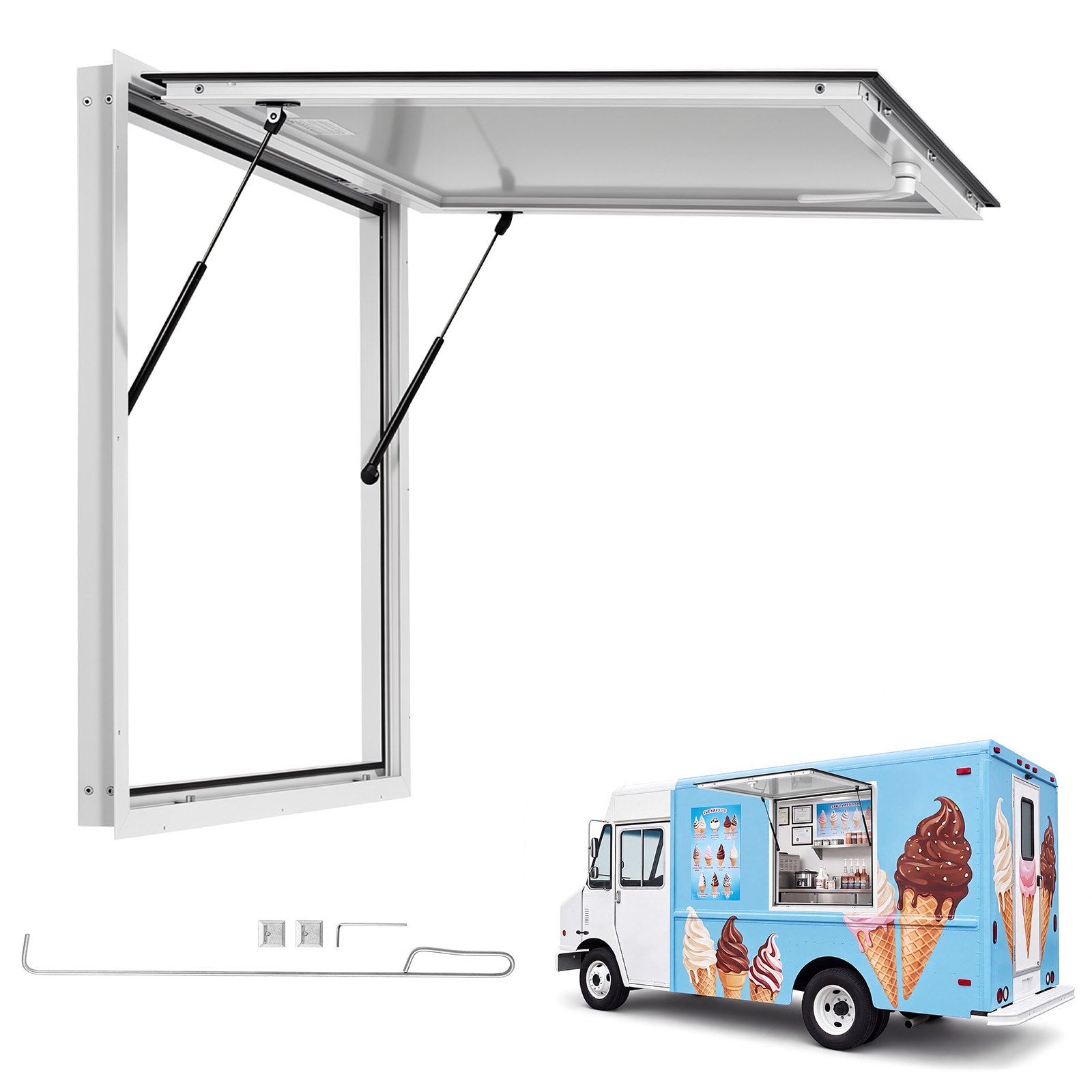 Okno sprzedażowe VEVOR do food trucków 915 x 915 mm Okno do punktów gastronomicznych Idealne do sprzedaży ulicznej, na wynos i w okienkach drive-through, otwierane do 85°, z podwójnymi paskami uszczelniającymi i wewnętrznym mechanizmem blokującym