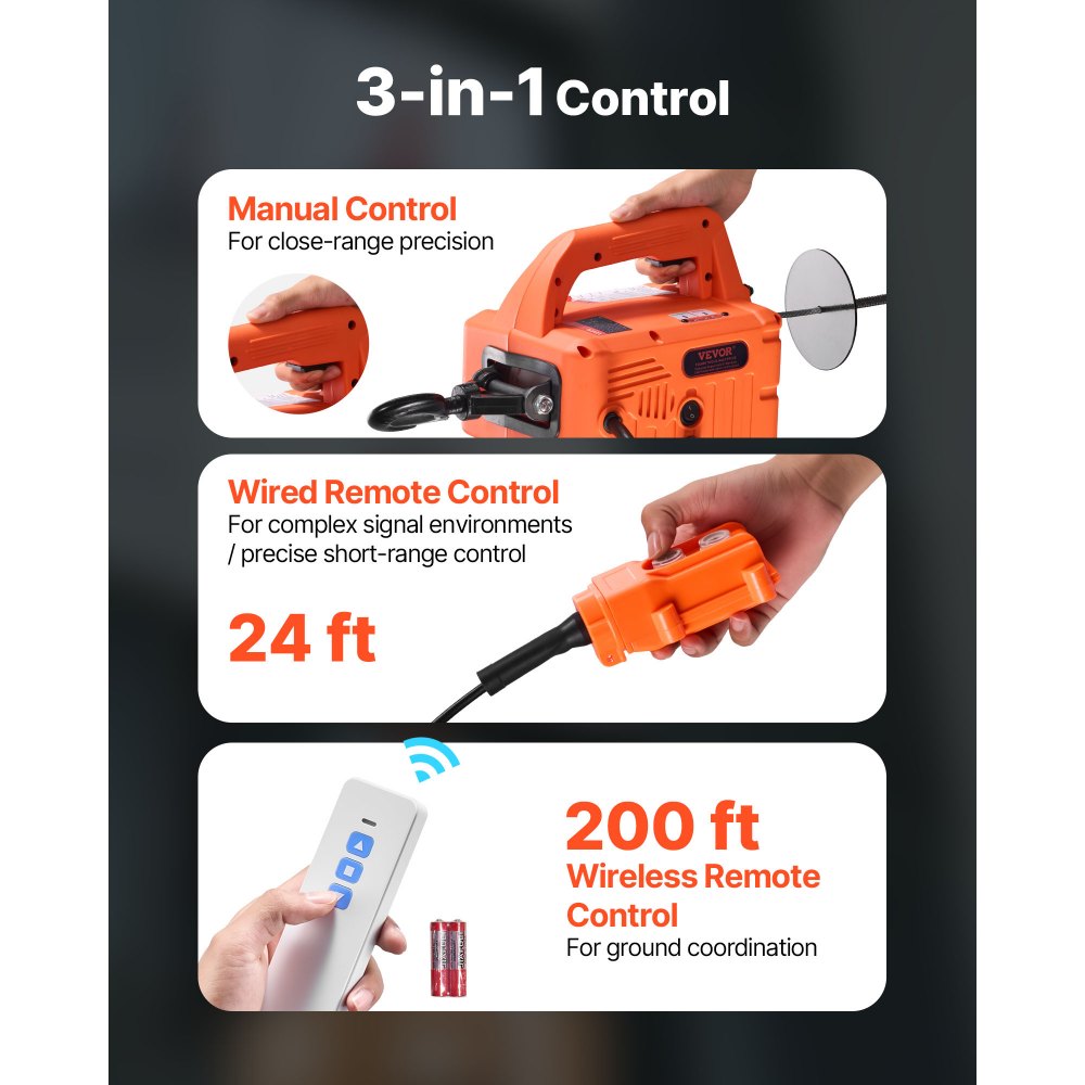 Wciągarka elektryczna VEVOR 700 kg, wciągnik 3 w 1 o mocy 1500 W, wciągnik linowy o wysokości podnoszenia 7,6 m, naciąg liny 5 m/min, z ręcznym, przewodowym i bezprzewodowym pilotem zdalnego sterowania do fabryk, magazynów i garaży