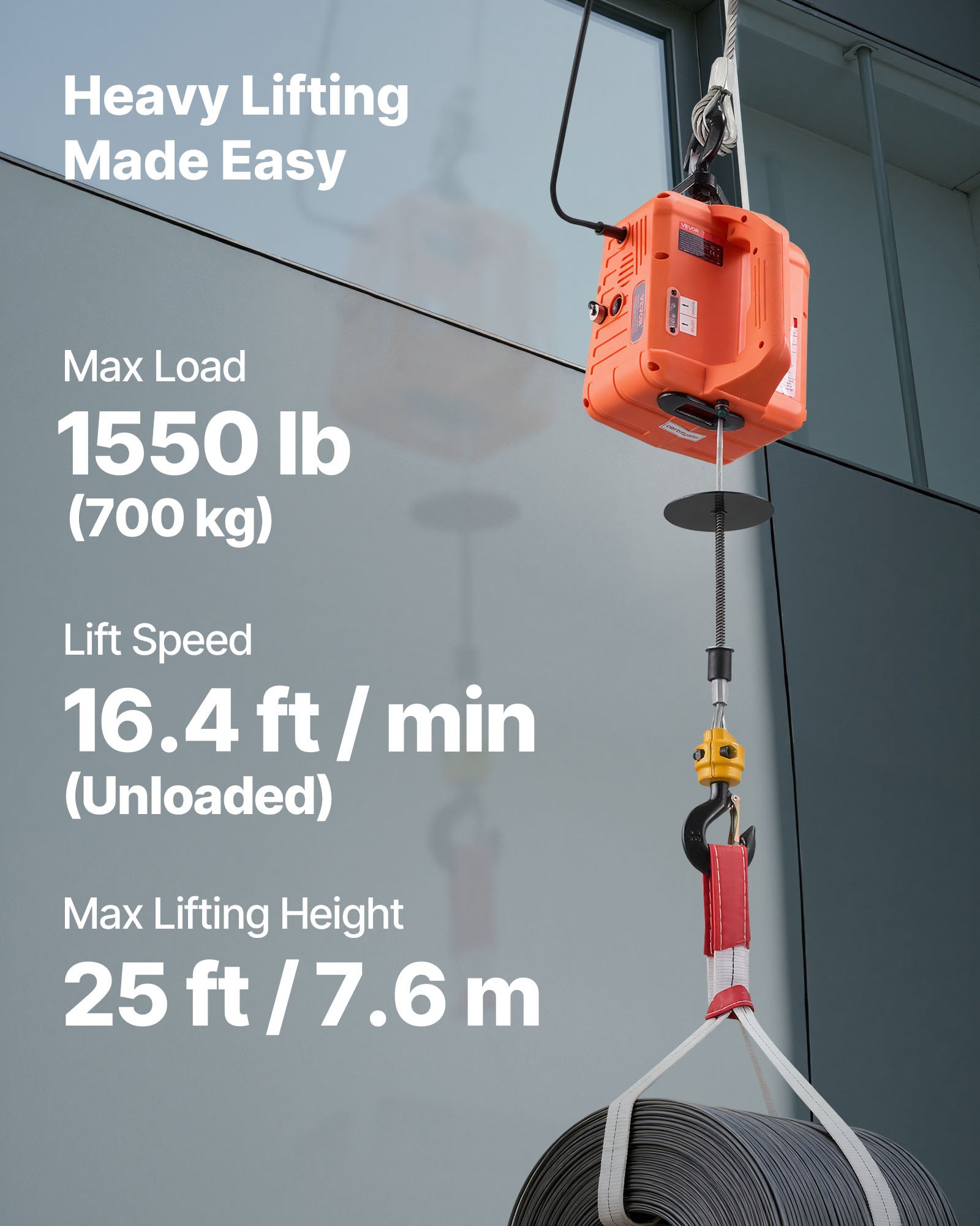 Wciągarka elektryczna VEVOR 700 kg, wciągnik 3 w 1 o mocy 1500 W, wciągnik linowy o wysokości podnoszenia 7,6 m, naciąg liny 5 m/min, z ręcznym, przewodowym i bezprzewodowym pilotem zdalnego sterowania do fabryk, magazynów i garaży