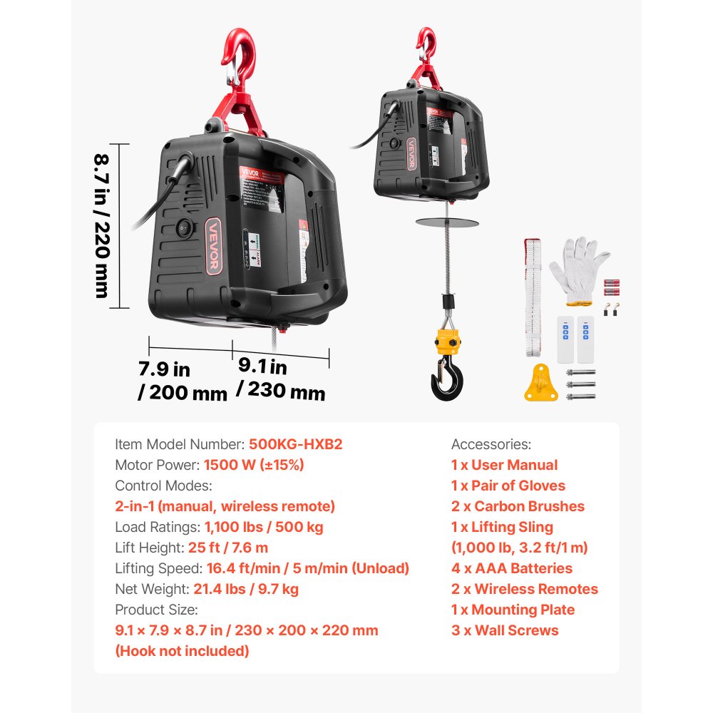 Wciągarka elektryczna VEVOR, udźwig 500 kg, wciągnik elektryczny 2 w 1, 1500 W, wysokość podnoszenia 7,6 m, prędkość podnoszenia 5 m/min, z ręcznym i bezprzewodowym pilotem zdalnego sterowania do fabryk, magazynów i garaży