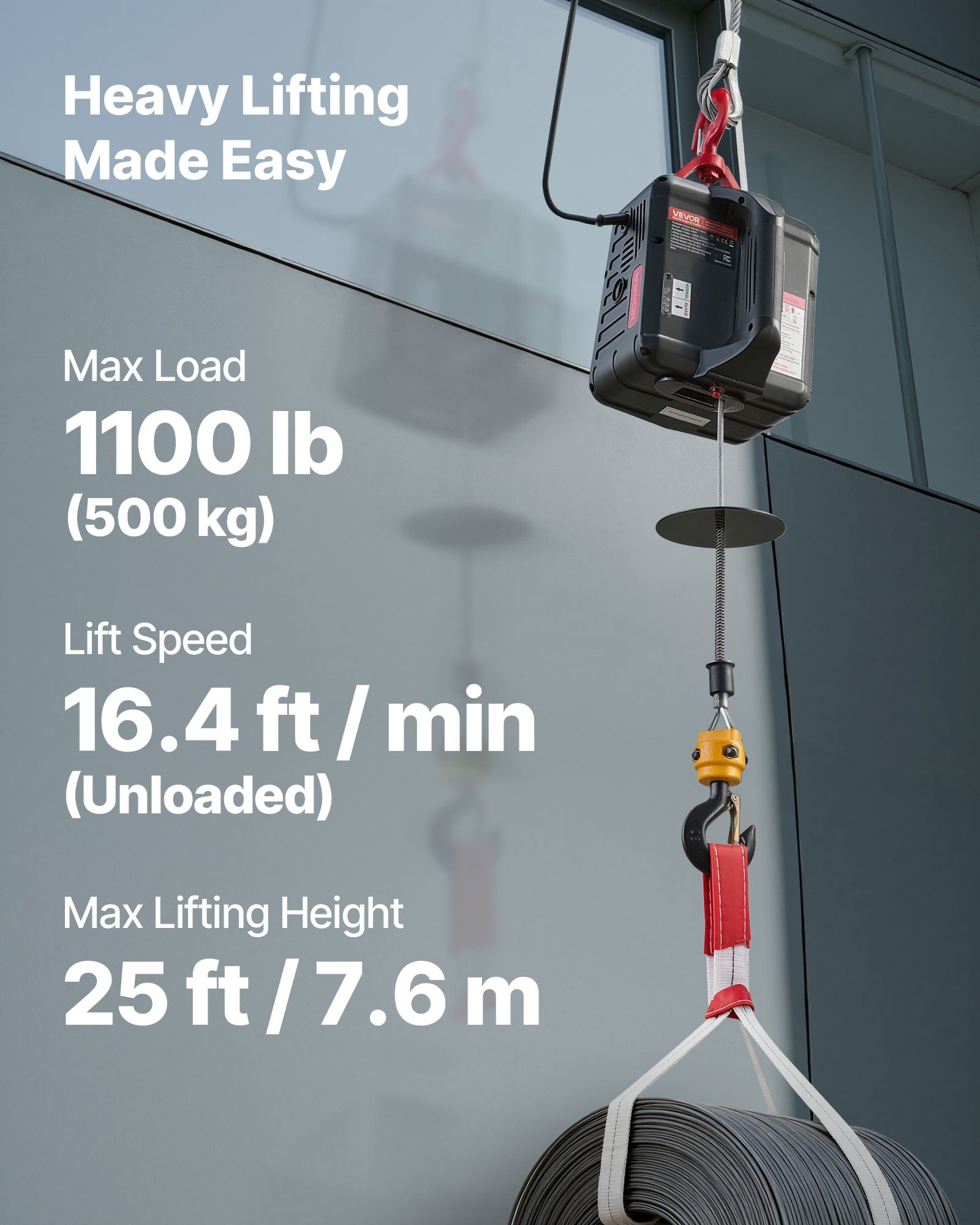 Wciągarka elektryczna VEVOR, udźwig 500 kg, wciągnik elektryczny 2 w 1, 1500 W, wysokość podnoszenia 7,6 m, prędkość podnoszenia 5 m/min, z ręcznym i bezprzewodowym pilotem zdalnego sterowania do fabryk, magazynów i garaży
