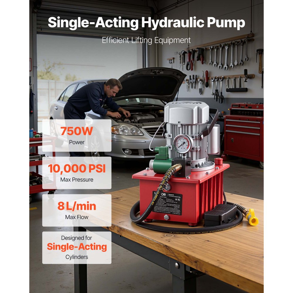 Pompa hydrauliczna elektryczna VEVOR 750 W, pompa elektrohydrauliczna jednostronnego działania 10000 PSI, agregat hydrauliczny, zawór elektromagnetyczny z wyłącznikiem nożnym, zbiornik oleju 8 l, do dziurkowania, gięcia i cylindrów jednostronnego działania