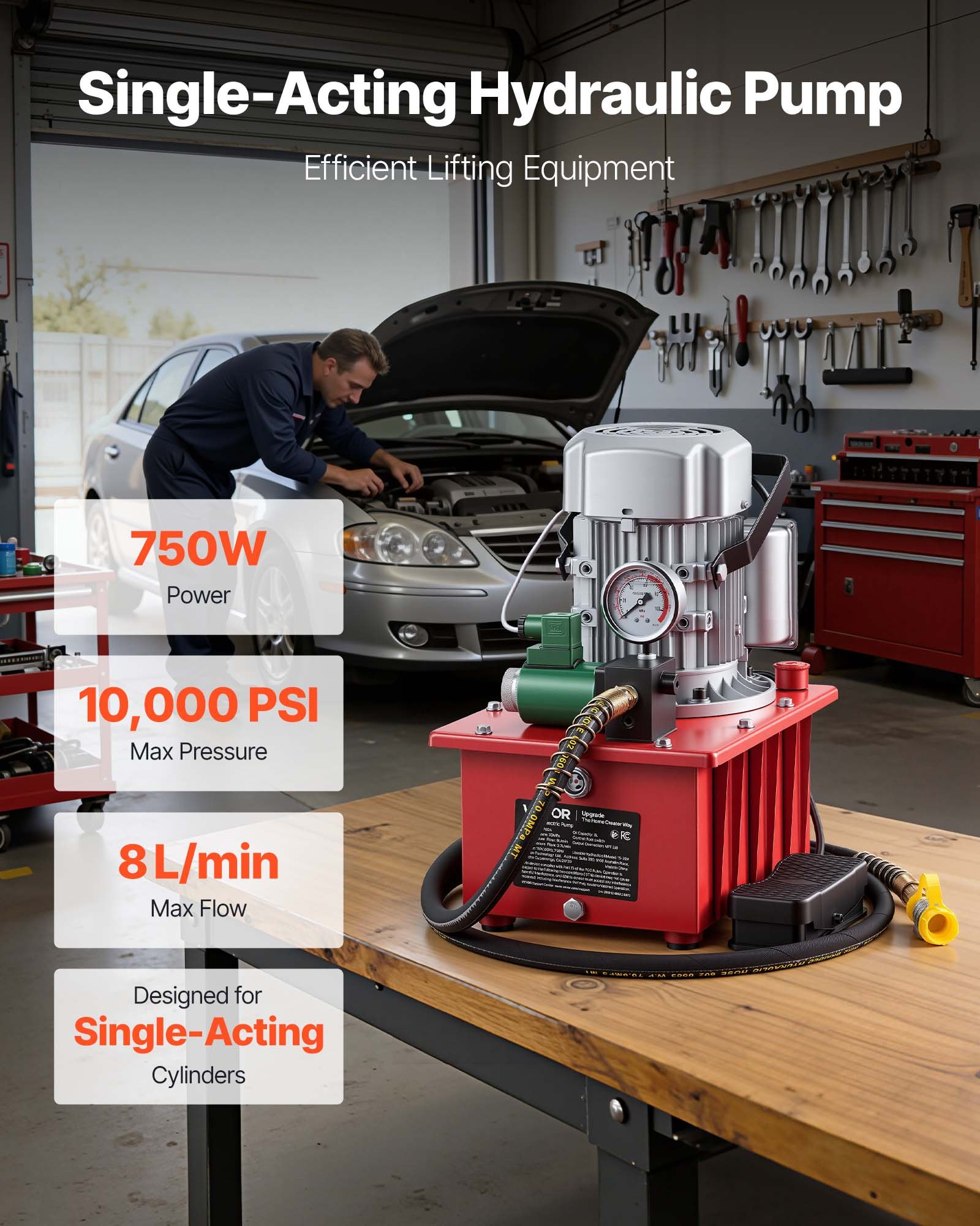 Pompa hydrauliczna elektryczna VEVOR 750 W, pompa elektrohydrauliczna jednostronnego działania 10000 PSI, agregat hydrauliczny, zawór elektromagnetyczny z wyłącznikiem nożnym, zbiornik oleju 8 l, do dziurkowania, gięcia i cylindrów jednostronnego działania
