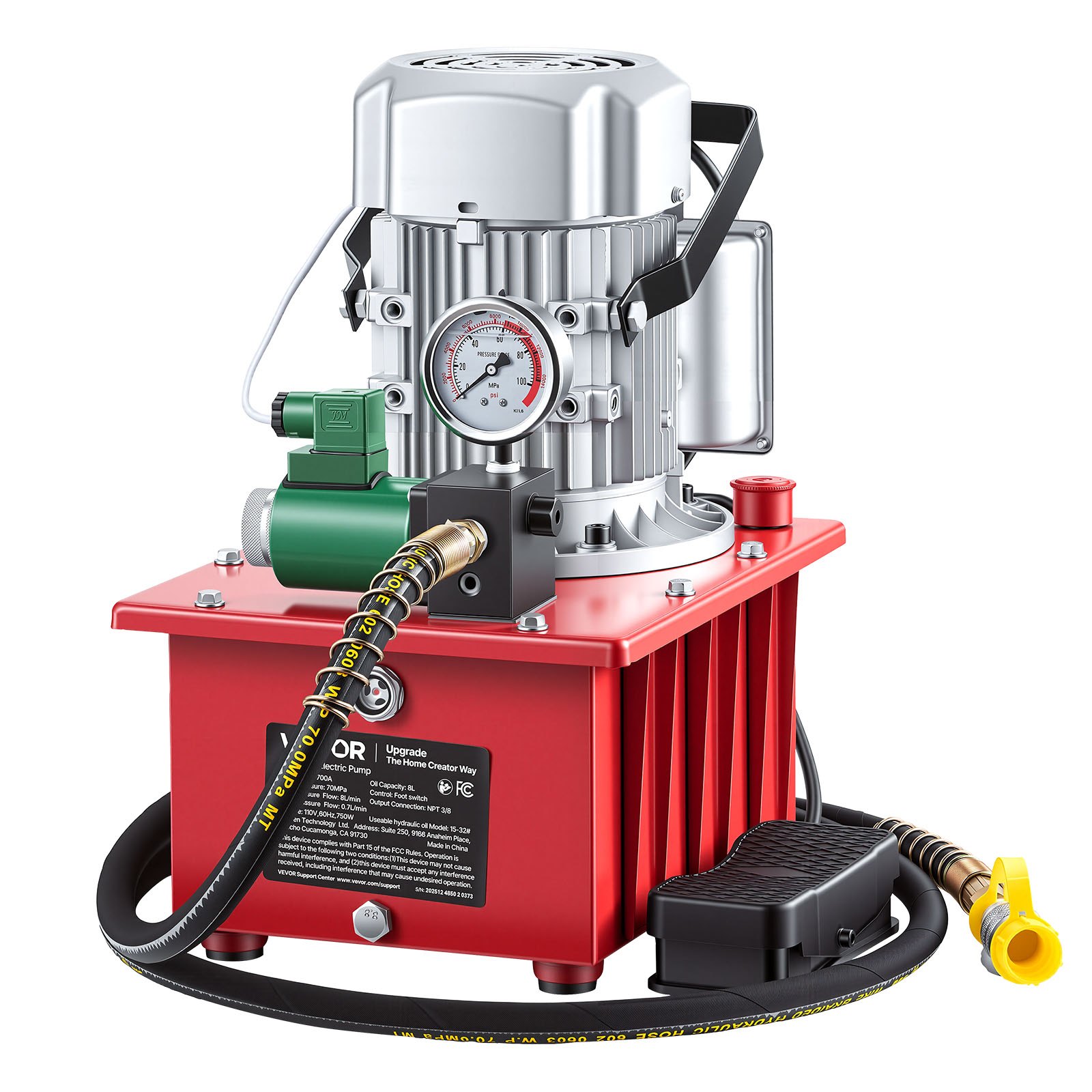 Pompa hydrauliczna elektryczna VEVOR 750 W, pompa elektrohydrauliczna jednostronnego działania 10000 PSI, agregat hydrauliczny, zawór elektromagnetyczny z wyłącznikiem nożnym, zbiornik oleju 8 l, do dziurkowania, gięcia i cylindrów jednostronnego działania