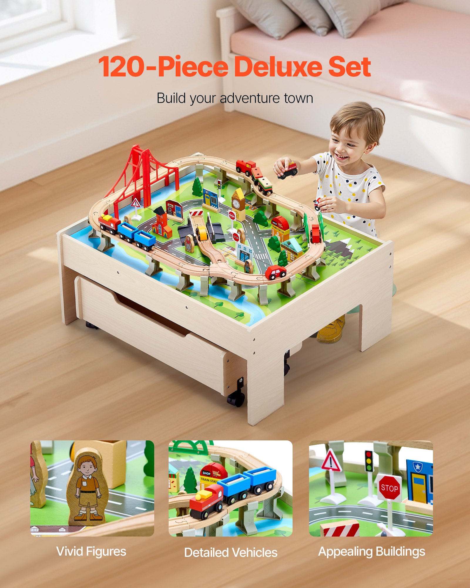 VEVOR Train Table, 100 Multicolor Pieces Wooden Kids Activity Table with Rolling Storage Drawer, 3-in-1 Wooden Train Set for Gaming, Drawing, Reading, Eating, Creative Toy Set for Kids Ages 3+