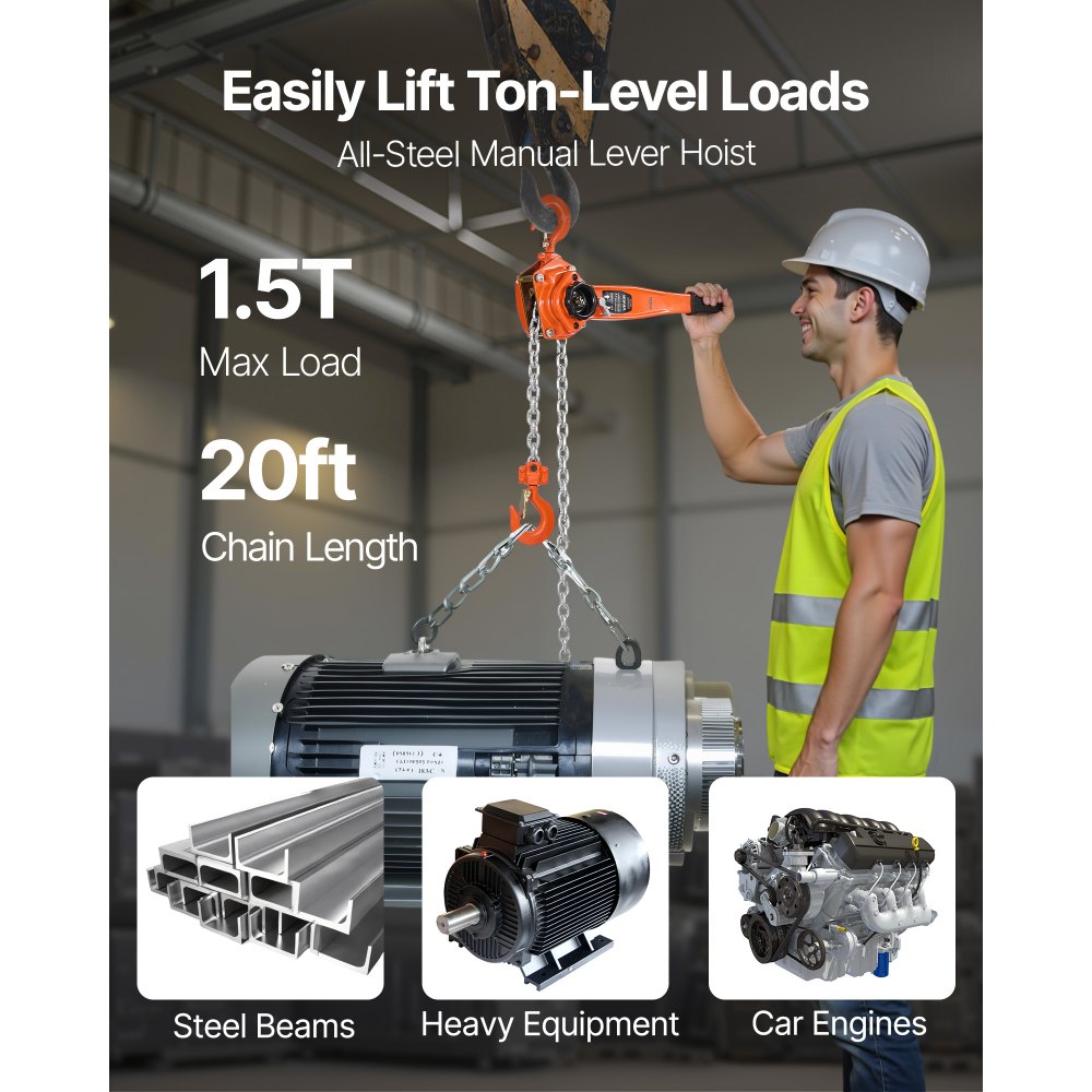 Wciągnik dźwigniowy VEVOR, udźwig 1,5 t, ręczny wciągnik łańcuchowy, skok 6 m, łańcuch ze stali stopowej G80 z mechanicznym hamulcem z podwójną zapadką, wciągnik z hakami obrotowymi 360°, do magazynów, budynków, garaży