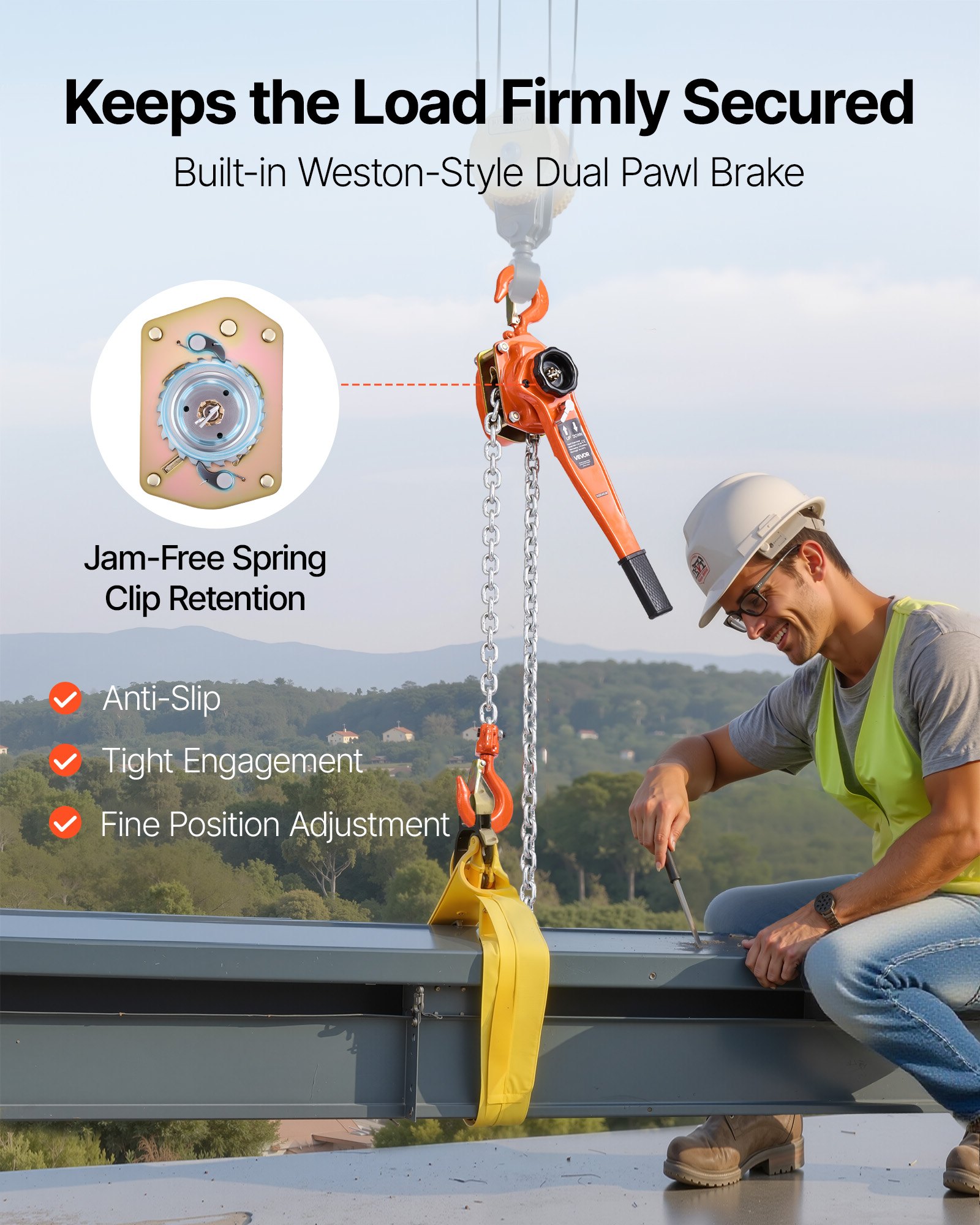 Wciągnik dźwigniowy VEVOR, udźwig 1,5 t, ręczny wciągnik łańcuchowy, skok 6 m, łańcuch ze stali stopowej G80 z mechanicznym hamulcem z podwójną zapadką, wciągnik z hakami obrotowymi 360°, do magazynów, budynków, garaży