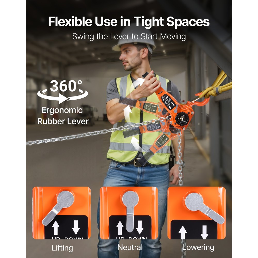 VEVOR Manual Lever Chain Hoist, 1T 1000KG Capacity Heavy Duty Come Along, 3M Lift G80 Alloy Steel Chain With Dual Pawl Mechanical Brake, 360° Rotating Hooks, for Warehouse Construction Garage