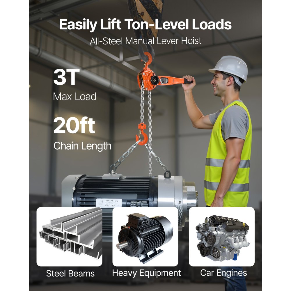 Wciągnik dźwigniowy VEVOR, udźwig 3 ton, ręczny wciągnik łańcuchowy, skok 6 m, wciągnik łańcuchowy ze stali stopowej G80 z mechanicznym hamulcem z podwójną zapadką, haki obrotowe 360°, wciągnik zapadkowy do magazynów, budownictwa, garażu