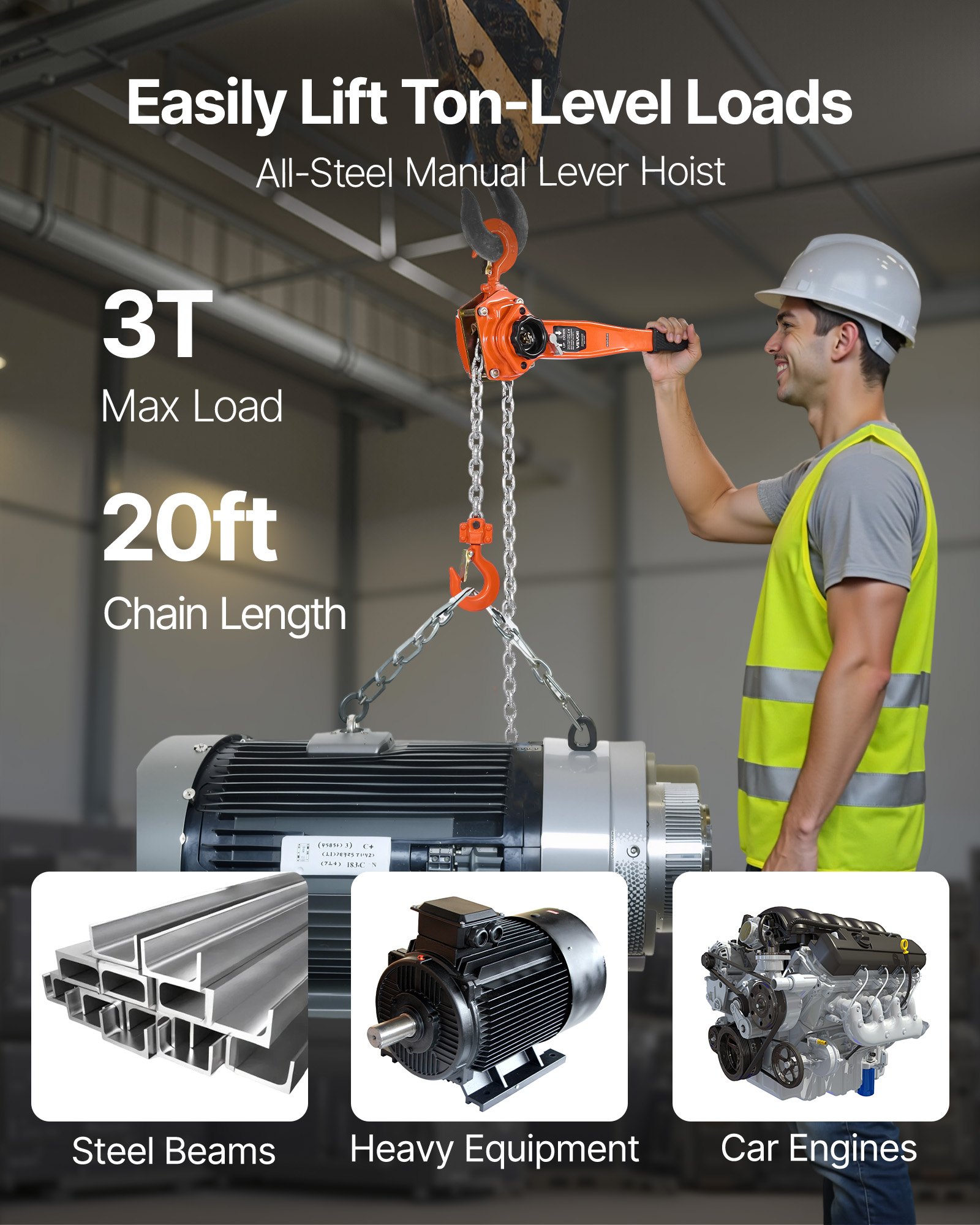 Wciągnik dźwigniowy VEVOR, udźwig 3 ton, ręczny wciągnik łańcuchowy, skok 6 m, wciągnik łańcuchowy ze stali stopowej G80 z mechanicznym hamulcem z podwójną zapadką, haki obrotowe 360°, wciągnik zapadkowy do magazynów, budownictwa, garażu
