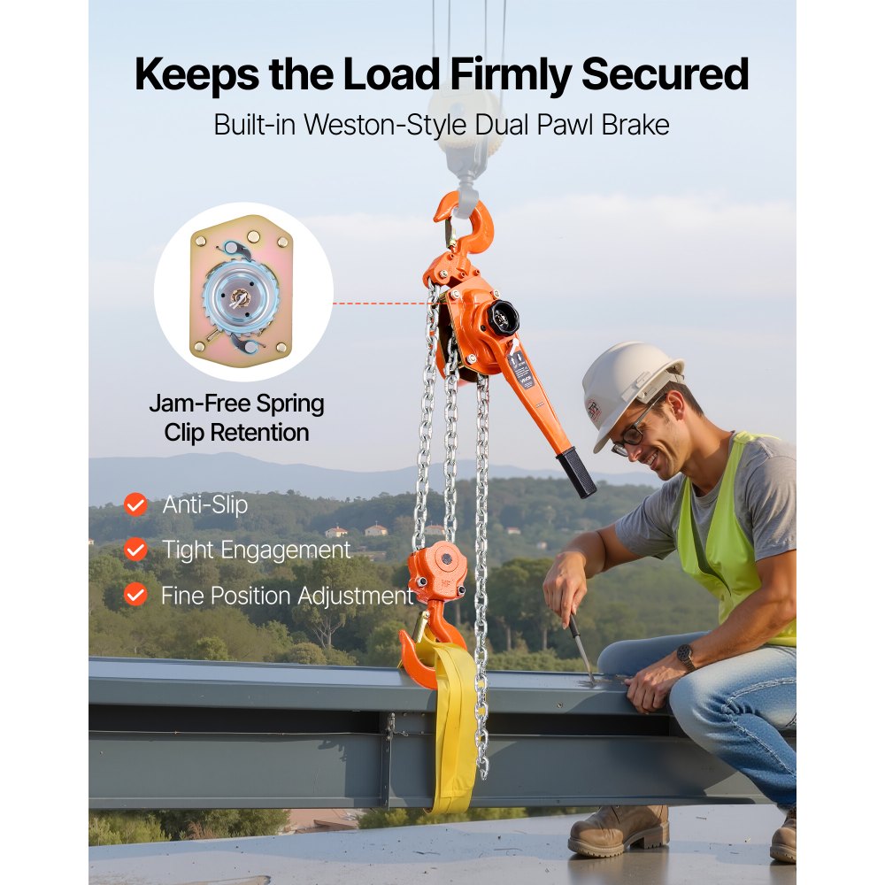 Wciągnik dźwigniowy VEVOR, udźwig 6 ton, ręczny wciągnik łańcuchowy, wysokość podnoszenia 3 m, wciągnik łańcuchowy ze stali stopowej G80 z mechanicznym hamulcem z podwójną zapadką, wciągnik zapadkowy z obrotowymi hakami 360°, do budowy magazynów i garaży