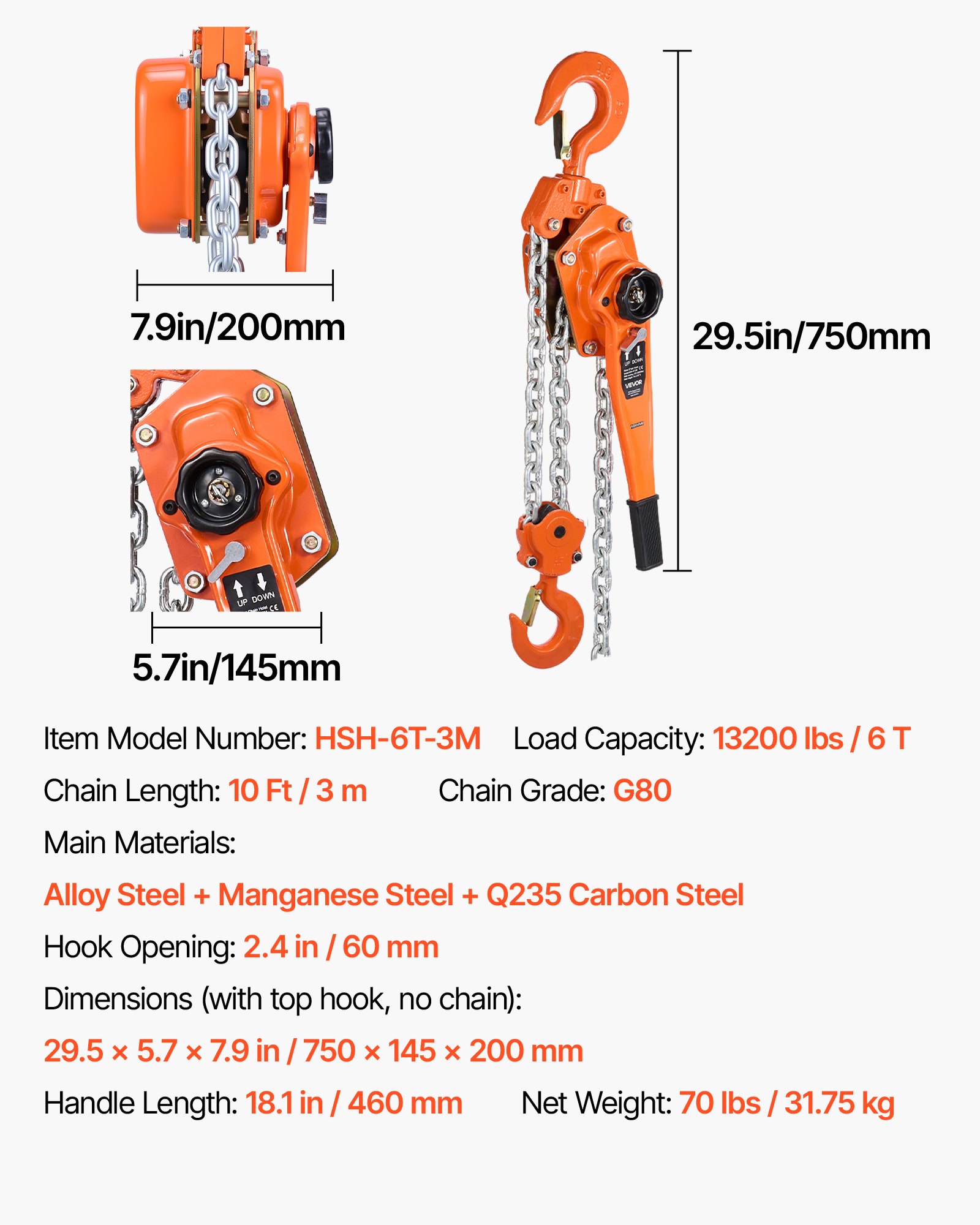 VEVOR Manual Lever Chain Hoist, 6T 6000KG Capacity Heavy Duty Come Along, 3M Lift G80 Alloy Steel Chain With Dual Pawl Mechanical Brake, 360° Rotating Hooks, for Warehouse Construction Garage