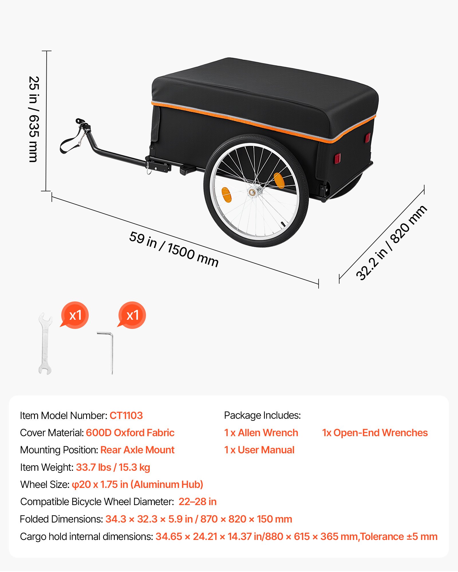 Przyczepka rowerowa VEVOR Cargo Trailer, składana, transportowa, 59 kg, stal węglowa i Oxford 600D, z pokrowcem przeciwdeszczowym i 4 odblaskami, do kół 22-28 cali, wózek rowerowy do transportu