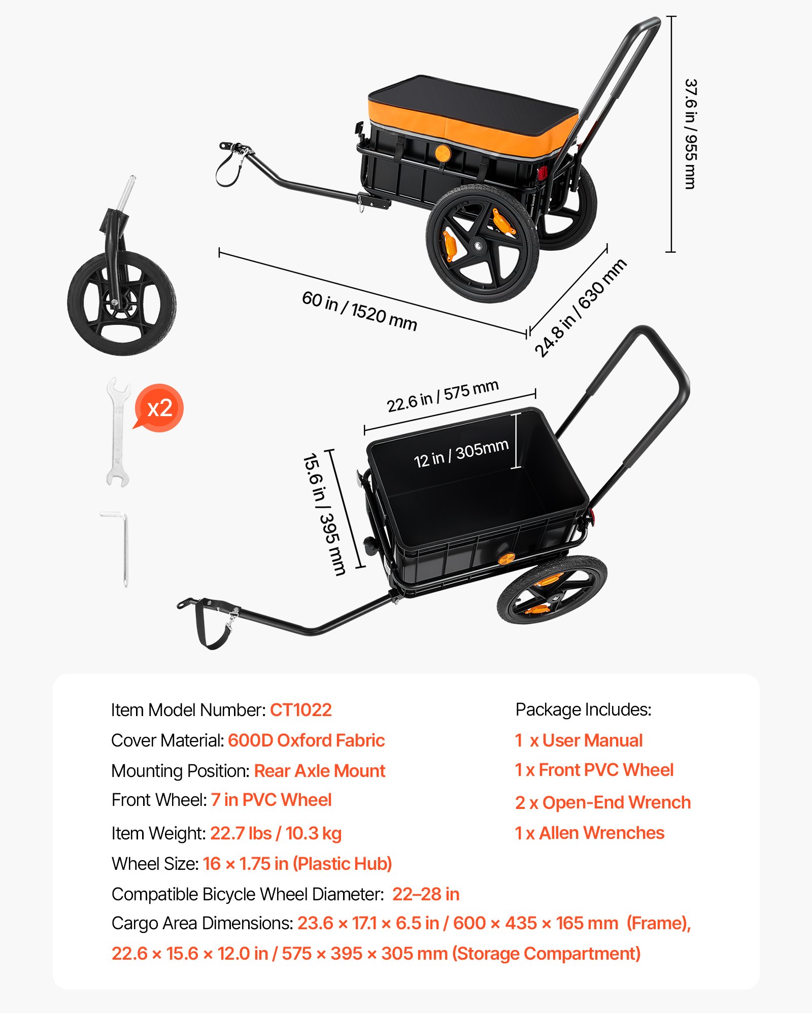 Przyczepka rowerowa VEVOR Cargo Trailer 2 w 1 z zaczepem 45 kg, stal węglowa i Oxford 600D, z pokrowcem przeciwdeszczowym i 6 odblaskami, do kół 22-28 cali, wózek rowerowy do transportu