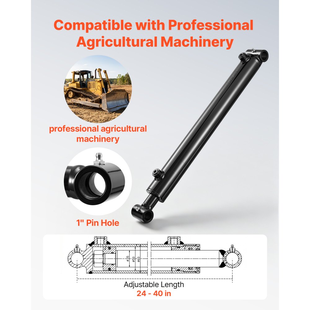 Siłownik hydrauliczny dwustronnego działania VEVOR o średnicy 50,8 mm, skoku 406 mm, do 3500 psi, wytrzymały, spawany siłownik z rurą poprzeczną, otworem 25,4 mm i przyłączem SAE-6 do maszyn rolniczych, czarny