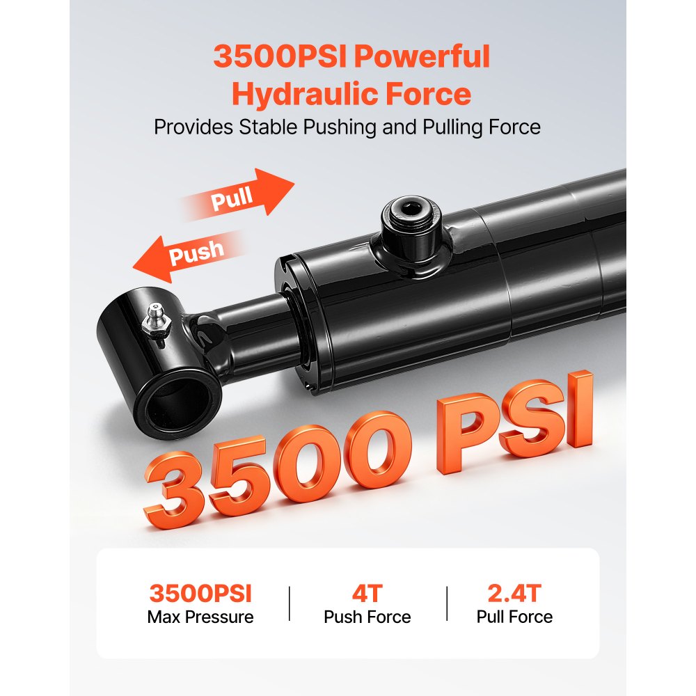 Siłownik hydrauliczny dwustronnego działania VEVOR o średnicy 50,8 mm, skoku 406 mm, do 3500 psi, wytrzymały, spawany siłownik z rurą poprzeczną, otworem 25,4 mm i przyłączem SAE-6 do maszyn rolniczych, czarny