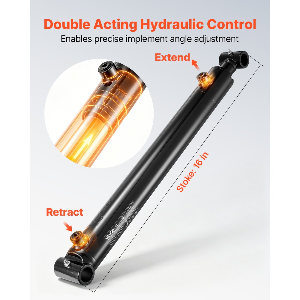 Siłownik hydrauliczny dwustronnego działania VEVOR o średnicy 50,8 mm, skoku 406 mm, do 3500 psi, wytrzymały, spawany siłownik z rurą poprzeczną, otworem 25,4 mm i przyłączem SAE-6 do maszyn rolniczych, czarny