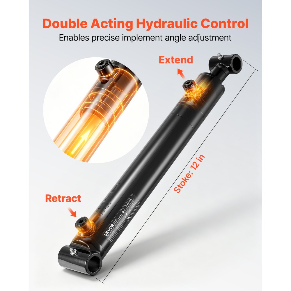 Siłownik hydrauliczny dwustronnego działania VEVOR o średnicy 50,8 mm i skoku 305 mm, do 3500 psi, wytrzymały, spawany siłownik z rurą poprzeczną, otworem 25,4 mm i przyłączem SAE-6 do maszyn rolniczych, czarny