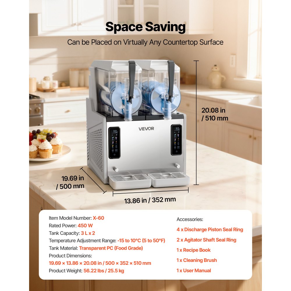 VEVOR Slush Machine 2 x 3 L, Slush Ice Maker 450 W (bez lodu), Elektryczna maszyna do margarity z funkcją samoczyszczenia, Nadaje się do mrożonych margarit, frappé, koktajli mlecznych i shake'ów